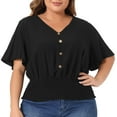 thumbnail image 1 of DARING DIVA Women's Plus V Neck Button Up Short Sleeve Shirred Blouse 1X Black, 1 of 6