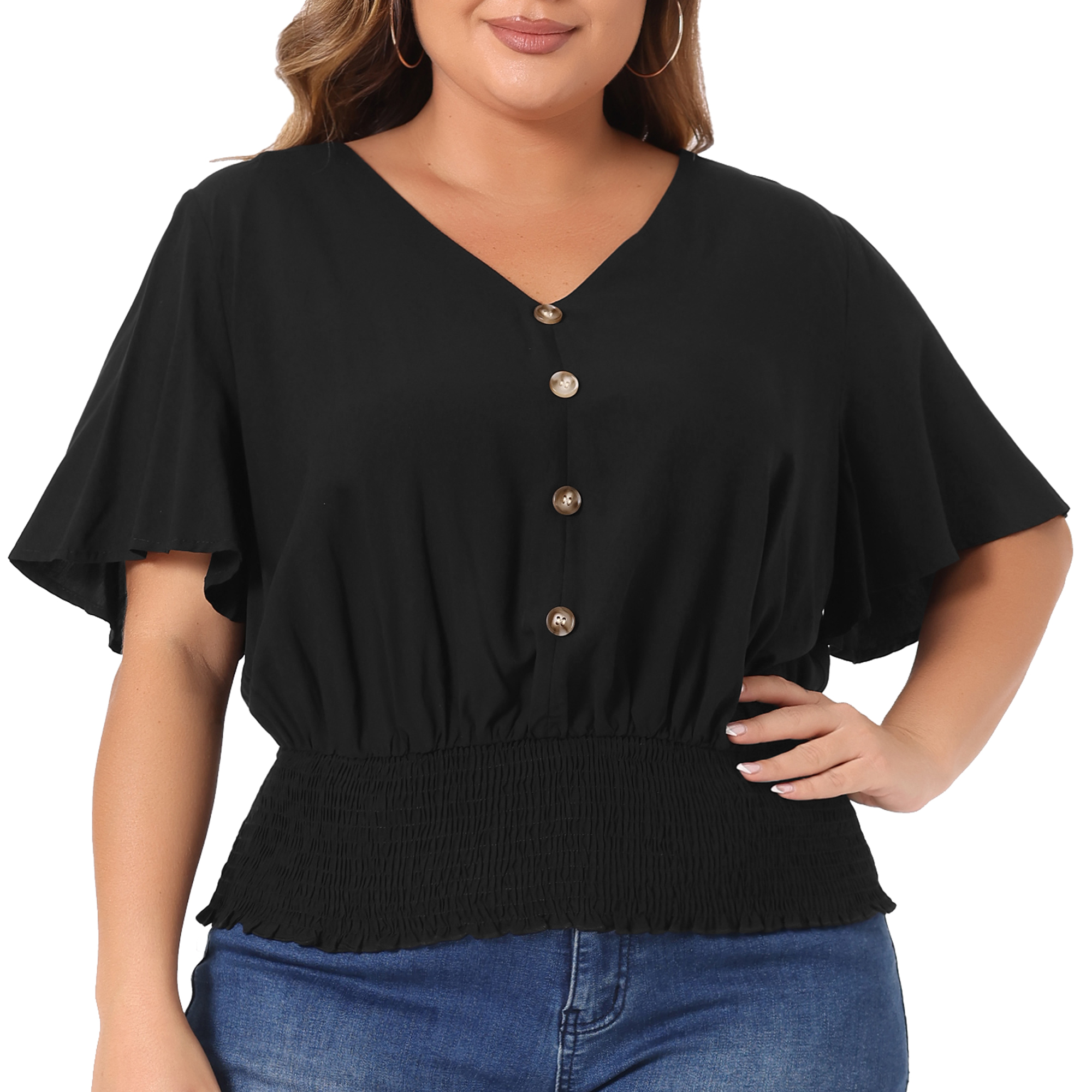 DARING DIVA Women's Plus V Neck Button Up Short Sleeve Shirred Blouse 2X Black