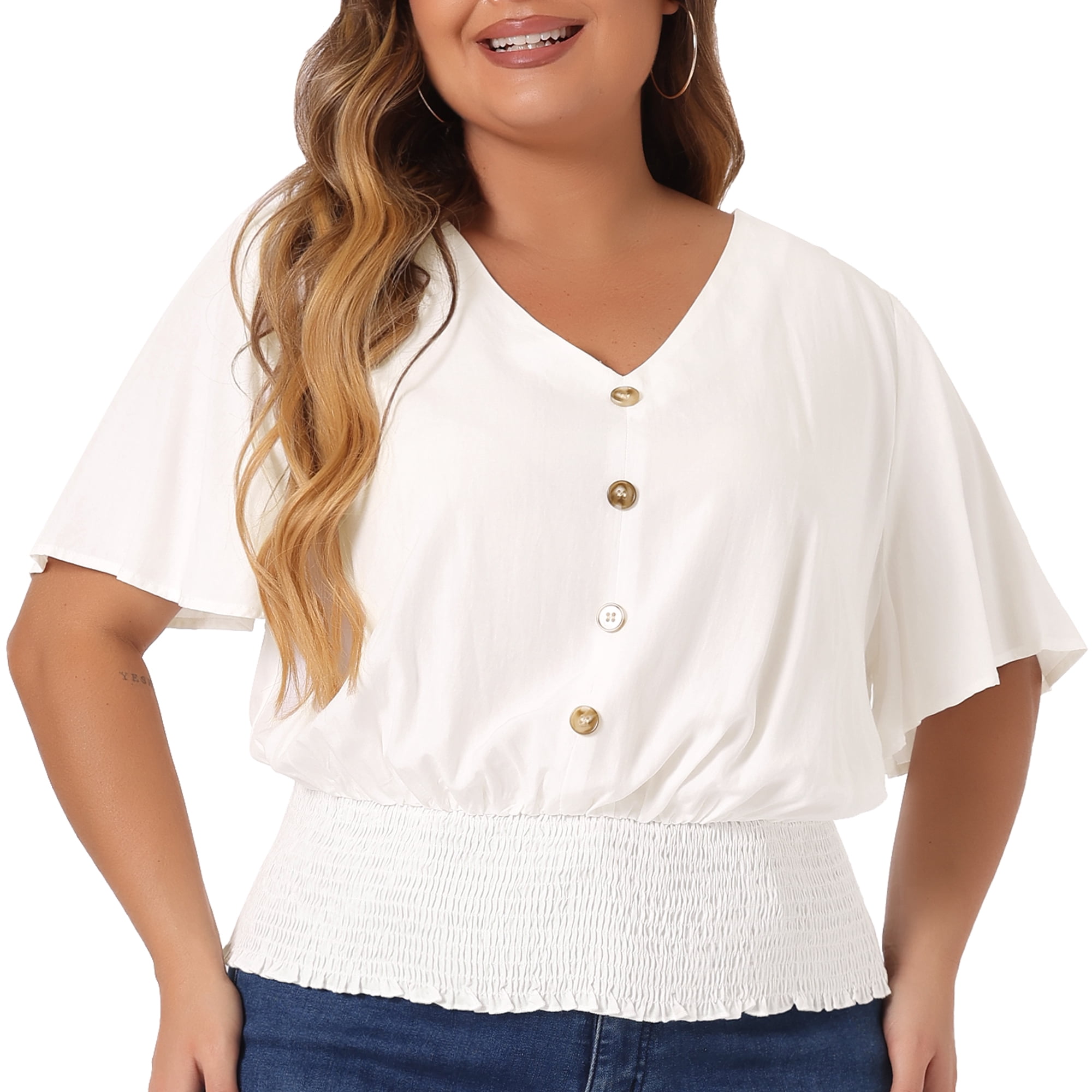 DARING DIVA Women's Plus V Neck Button Up Short Sleeve Shirred Blouse 2X White