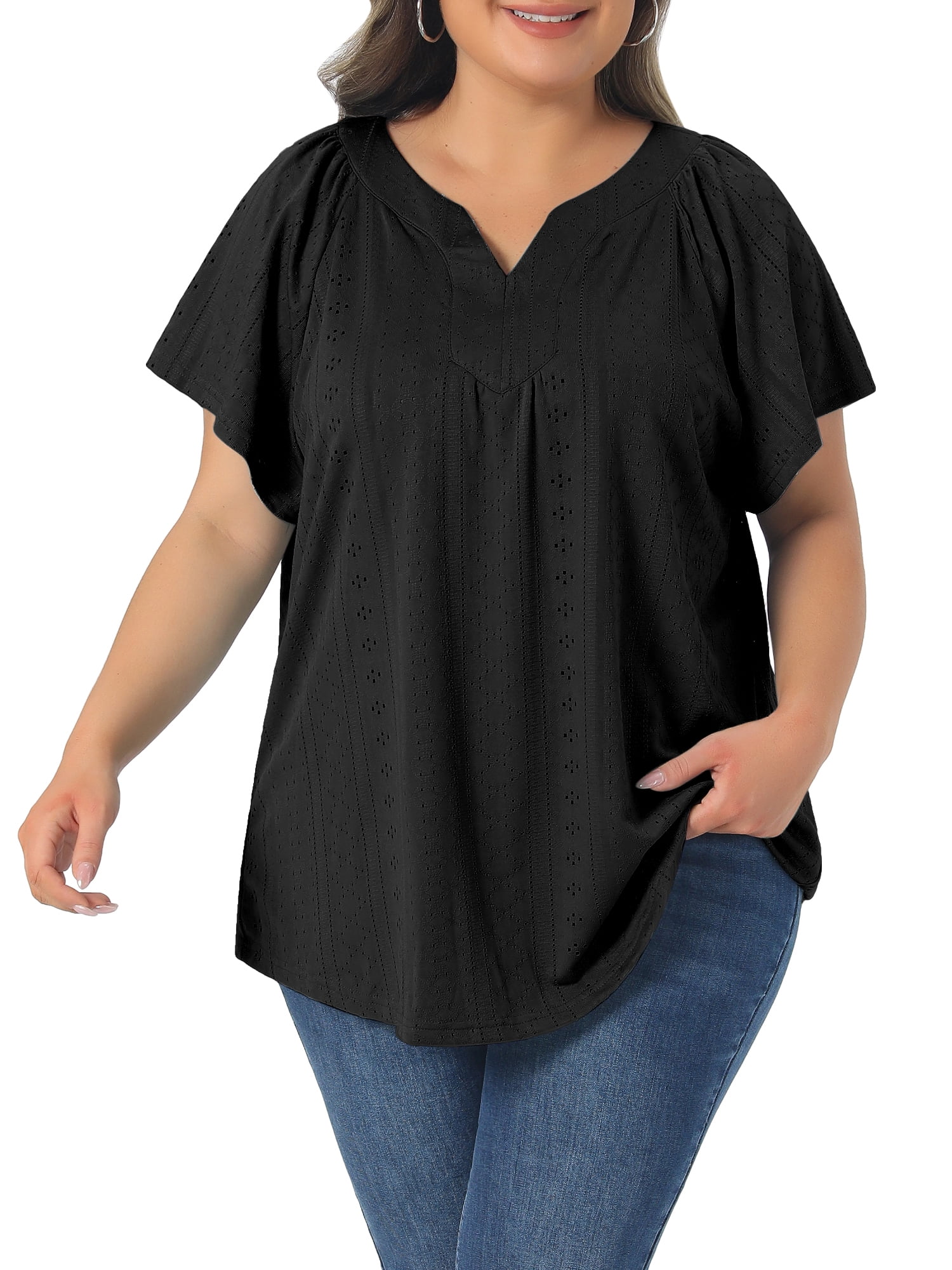 DARING DIVA Women's Plus V Neck  Eyelet Embroidery Casual V-Neck Blouse 3X Black