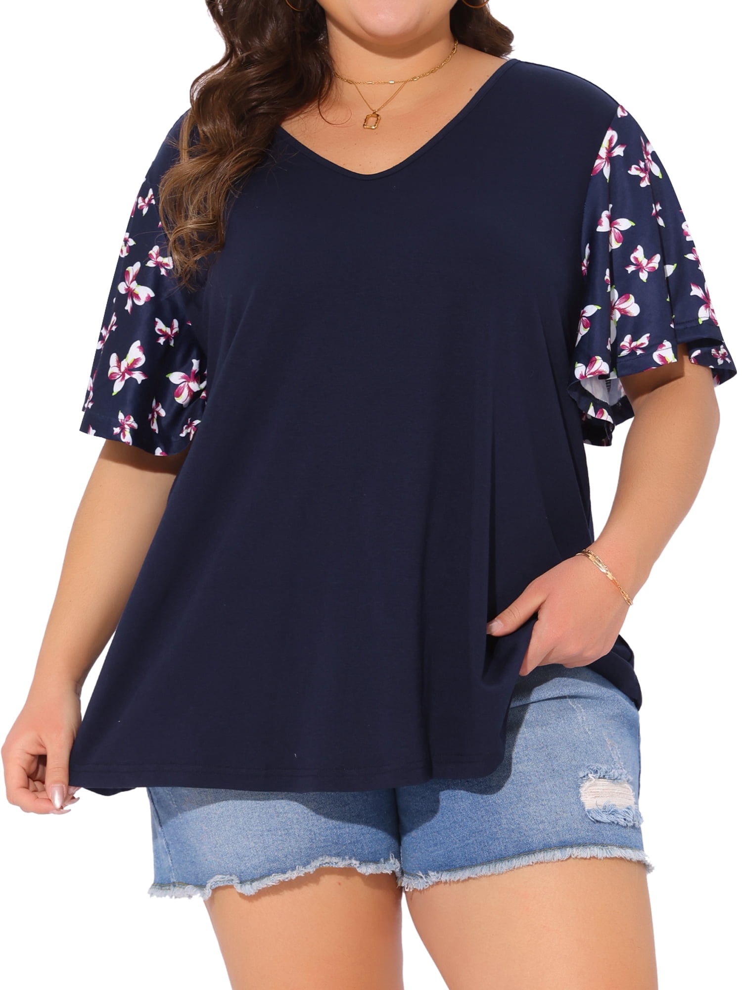 DARING DIVA Women's Plus V Neck Floral Flutter Sleeve Blouse Casual 1X Dark Blue