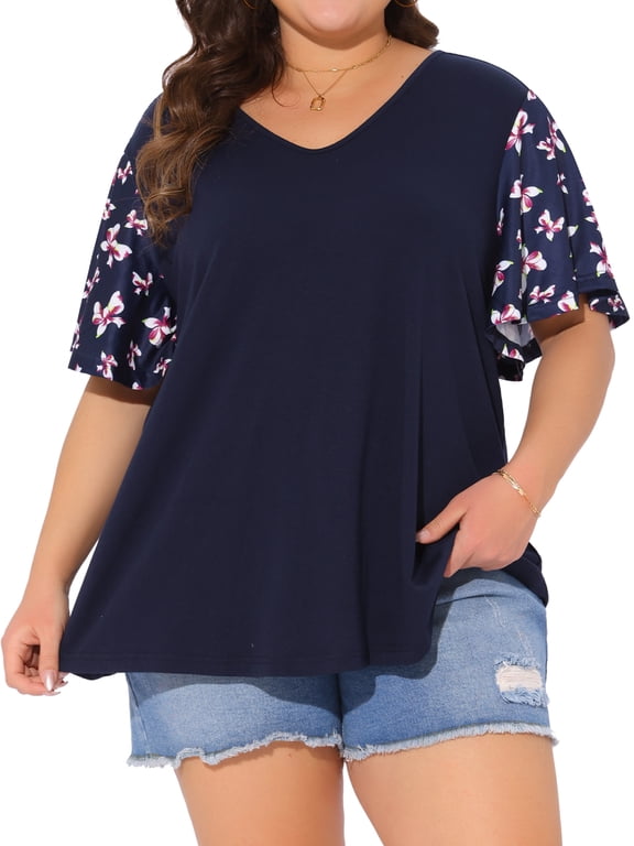 Women's Plus V Neck Floral Flutter Sleeve Blouse Casual 3X Dark Blue