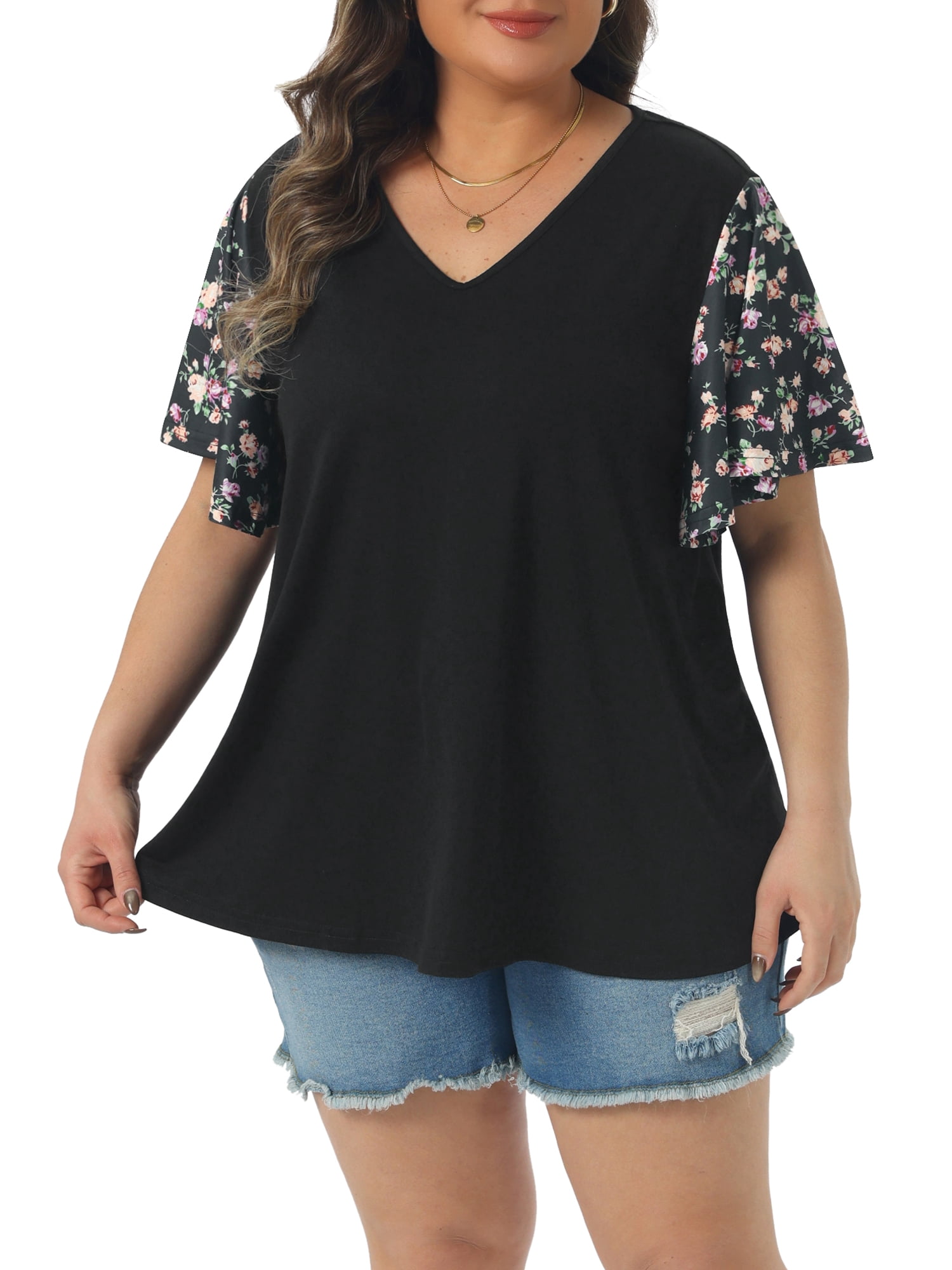 DARING DIVA Women's Plus V Neck Floral Flutter Sleeve Blouse Casual 4X Black