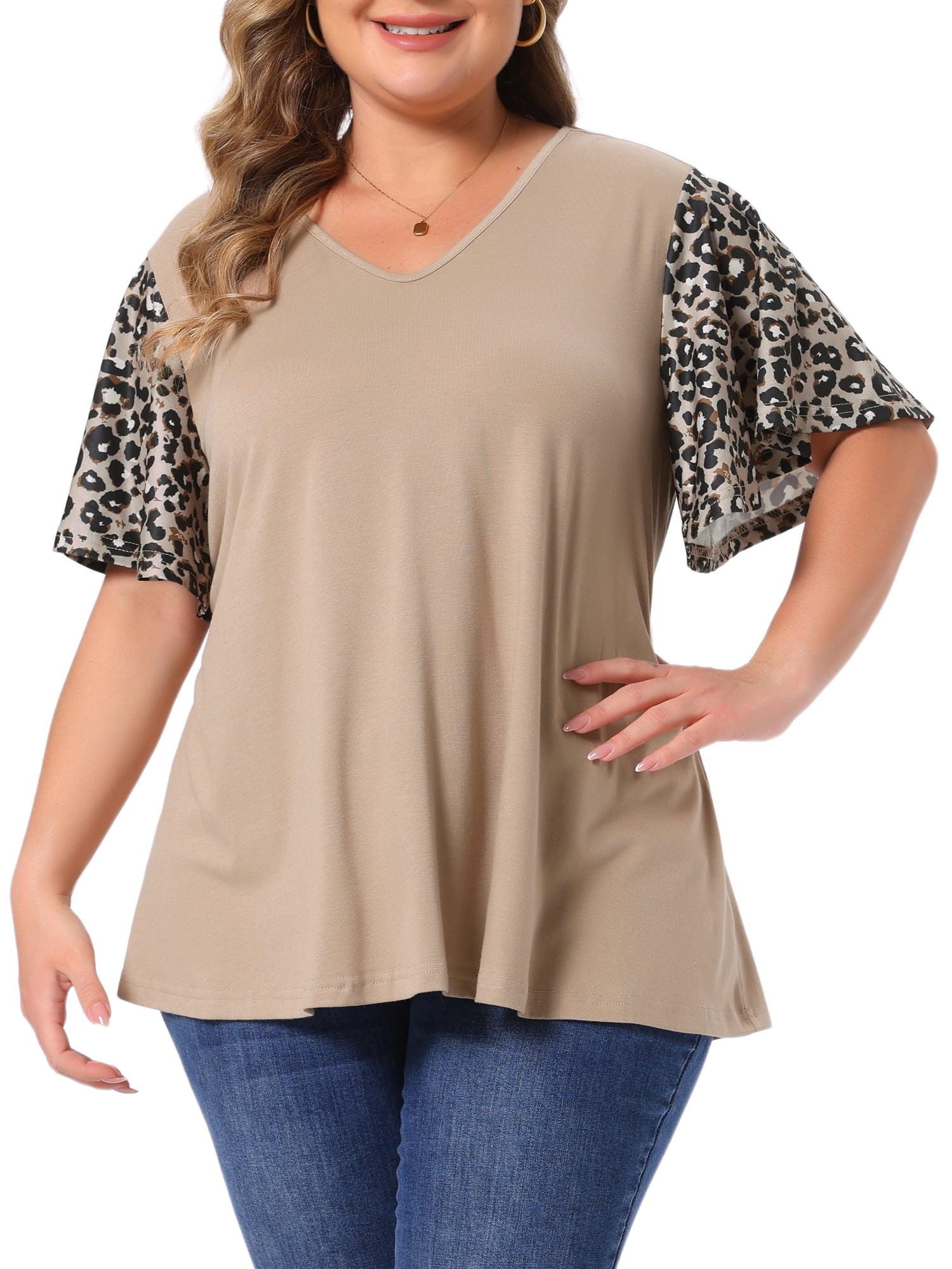 DARING DIVA Women's Plus V Neck Floral Flutter Sleeve Blouse Casual 4X khaki