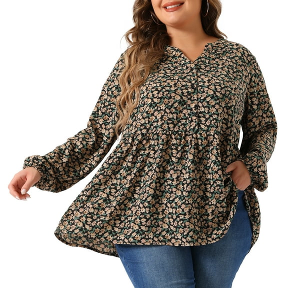 DARING DIVA Women's Plus V Neck Floral Long Sleeves Blouse 1X Black Beige