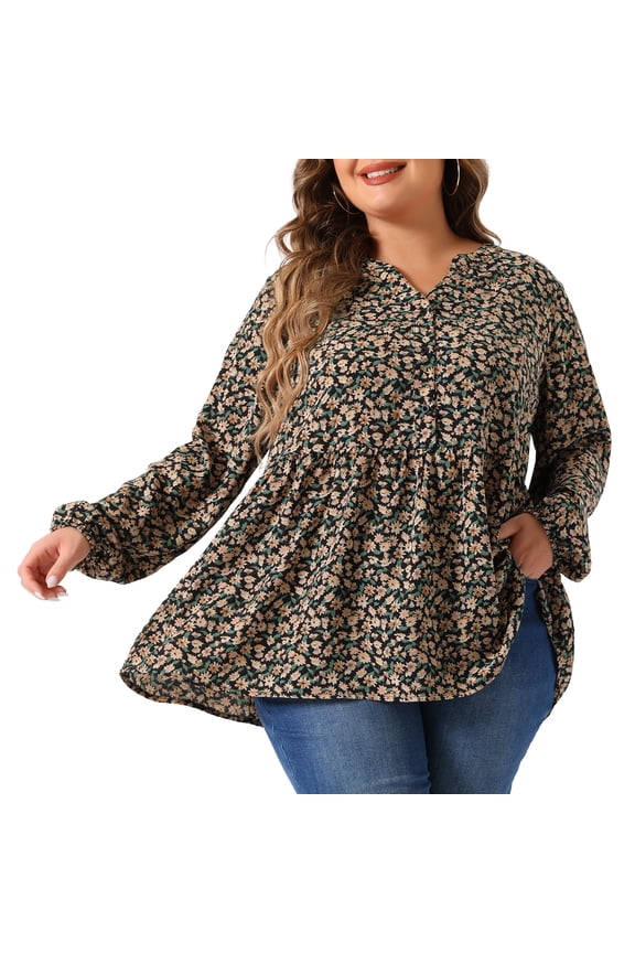 Women's Plus V Neck Floral Long Sleeves Blouse 1X Black Beige