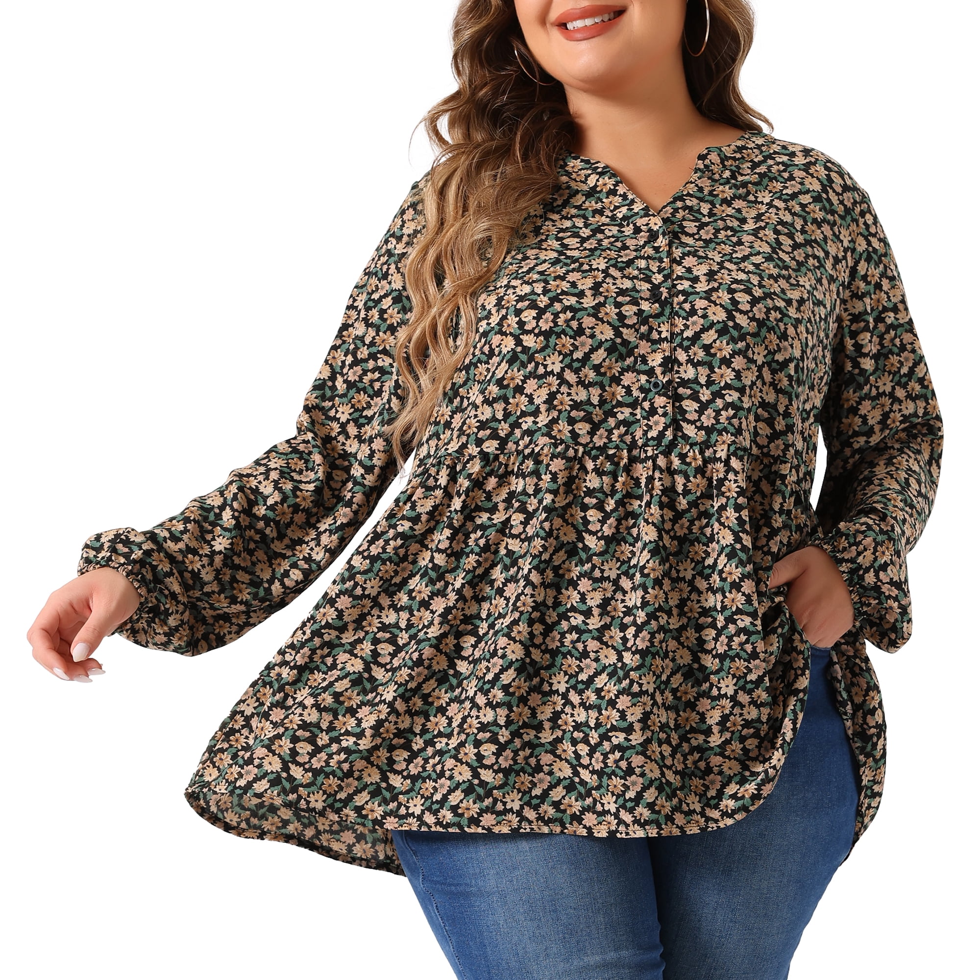 DARING DIVA Women's Plus V Neck Floral Long Sleeves Blouse 3X Black Beige