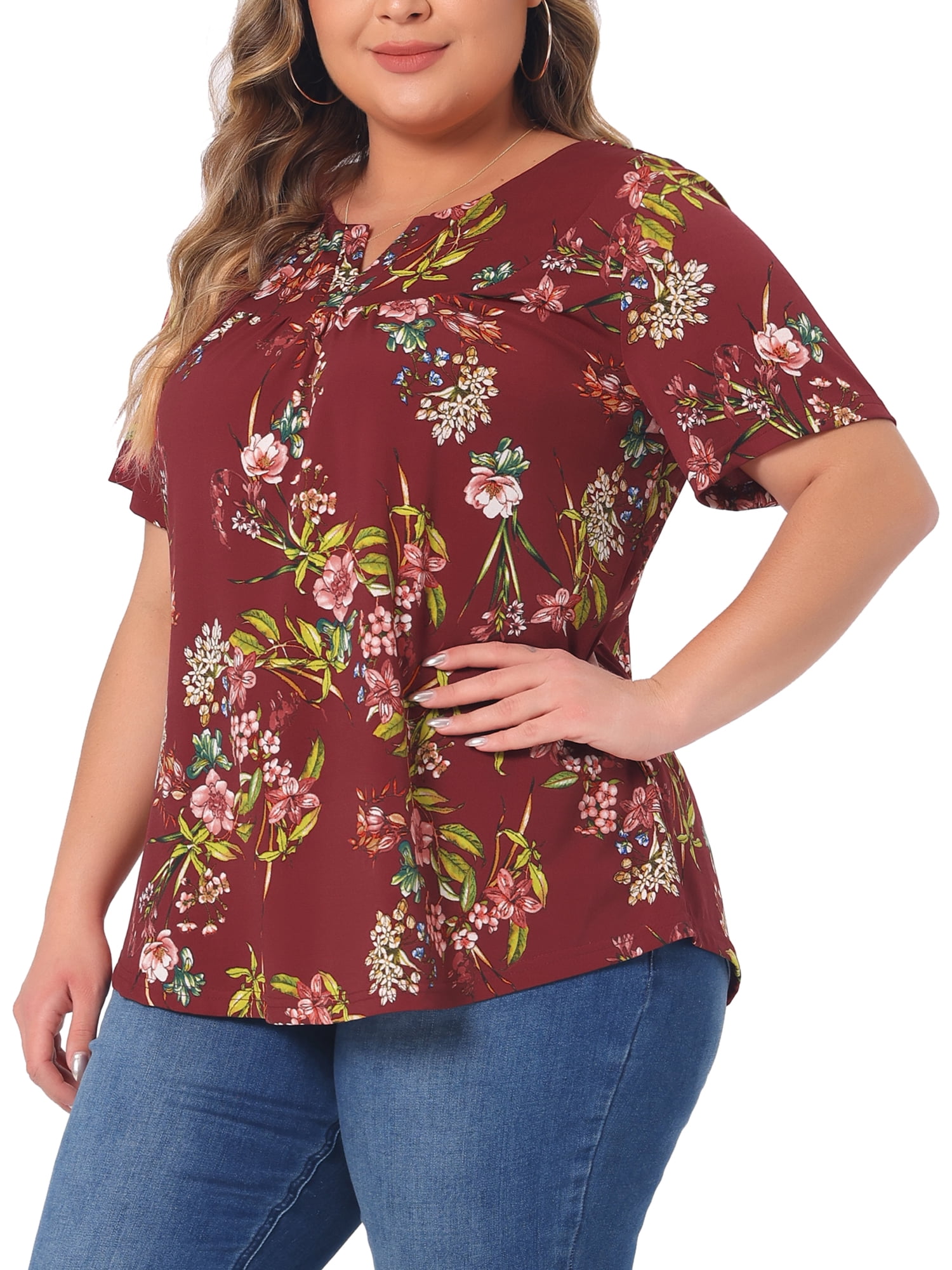 DARING DIVA Women's Plus V Neck Floral Print Casual Top 2X Red