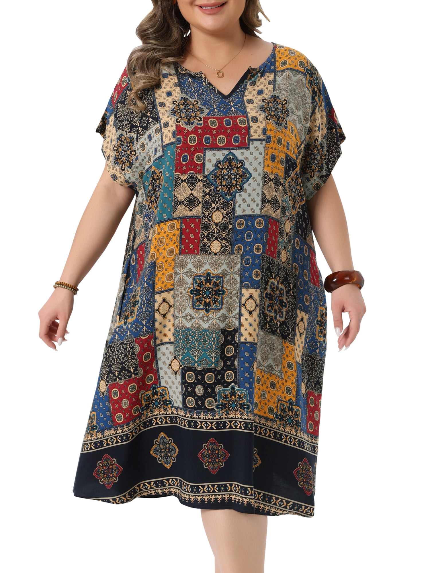 DARING DIVA Women's Plus V Neck Floral Print Midi Dress 3X Navy Blue