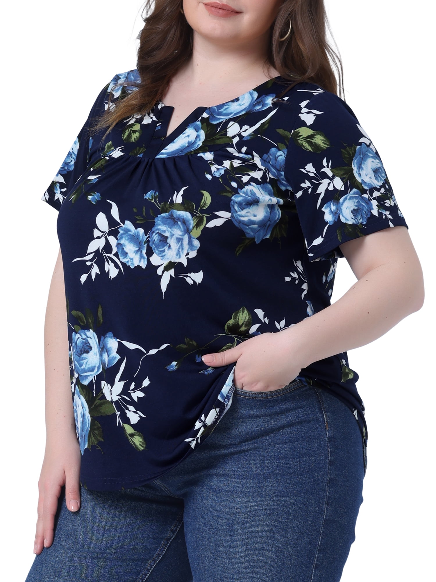 DARING DIVA Women's Plus V Neck Floral Print Casual Top 1X Navy Blue