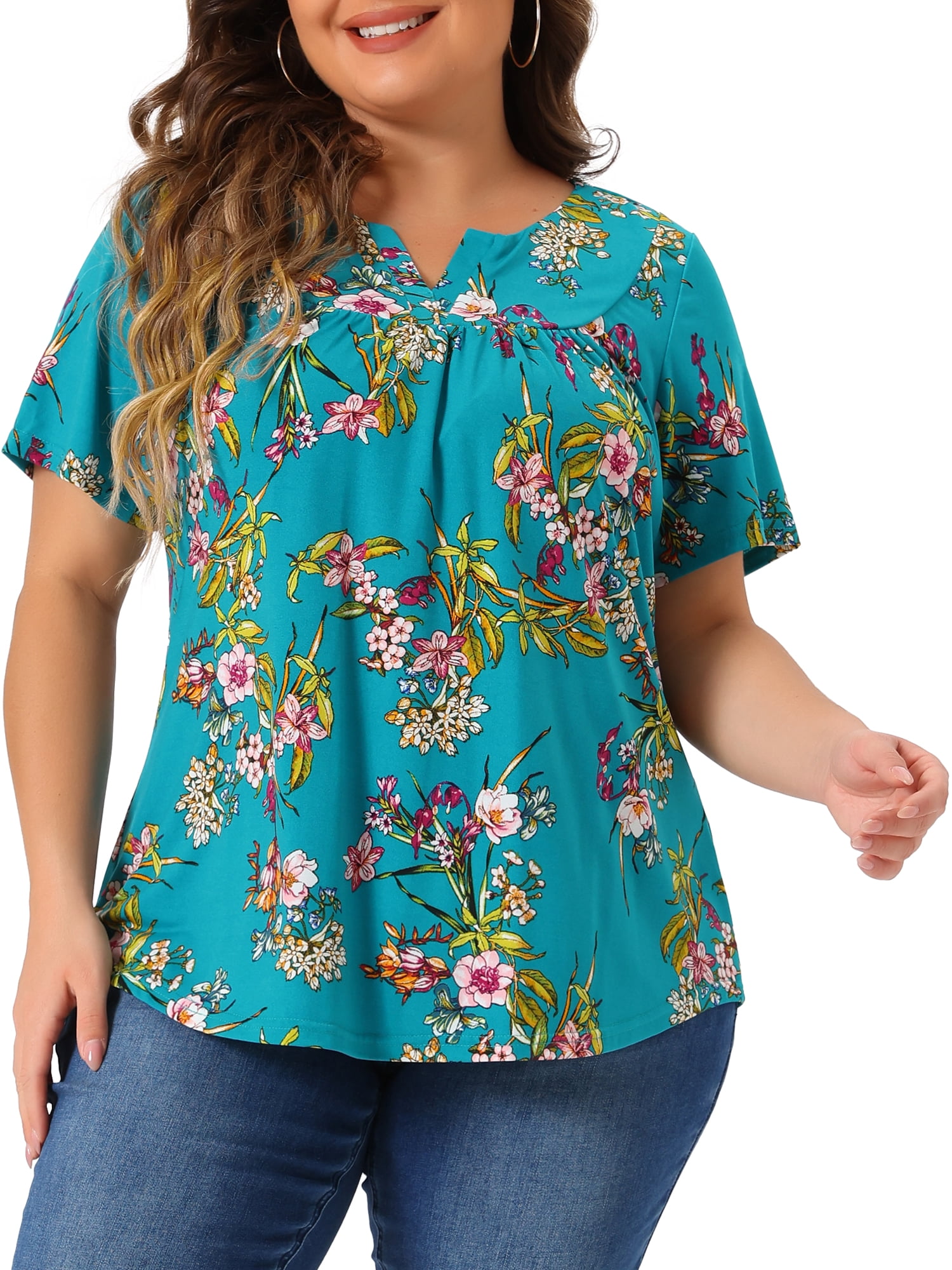 DARING DIVA Women's Plus V Neck Floral Print Casual Top 2X Lake Blue