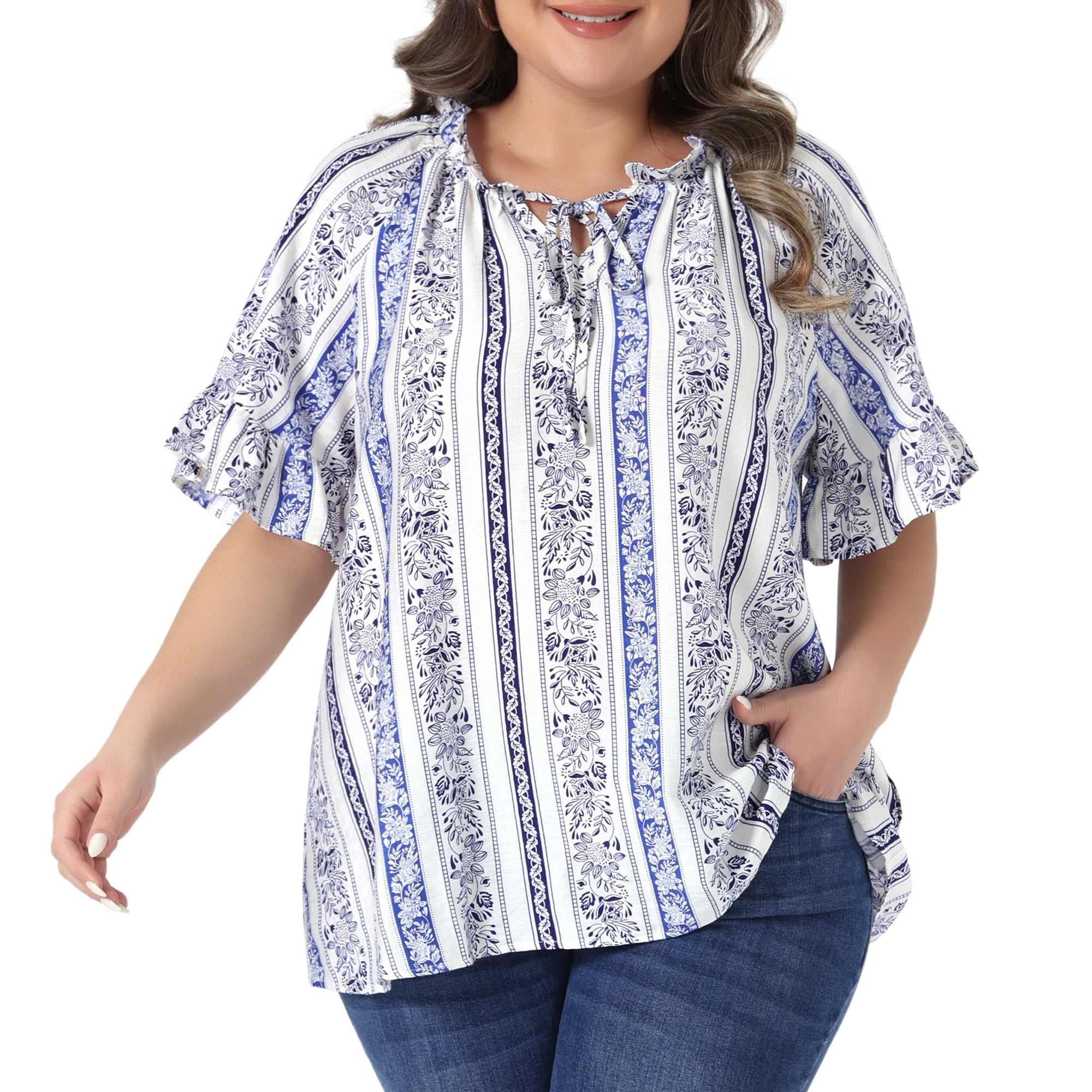 DARING DIVA Women's Plus V Neck Floral Print Summer Shirt Loose Fit Blouses 2X Blue