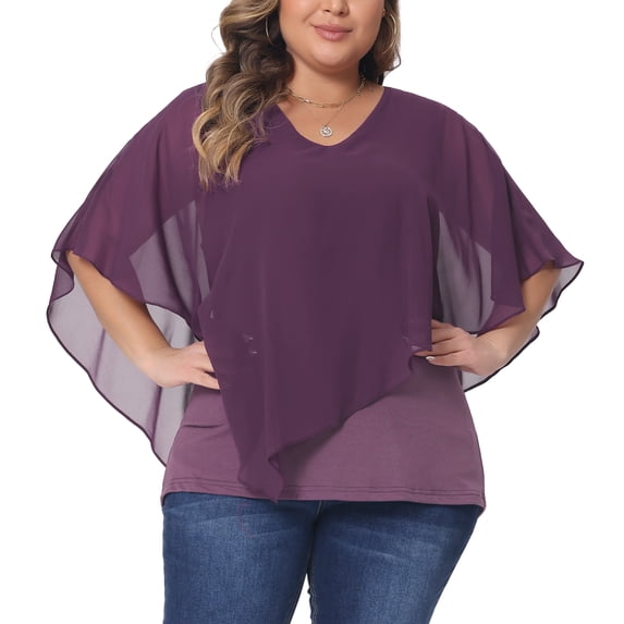 DARING DIVA Women's Plus V Neck Flowy Double Layered Chiffon Blouse 1X Purple