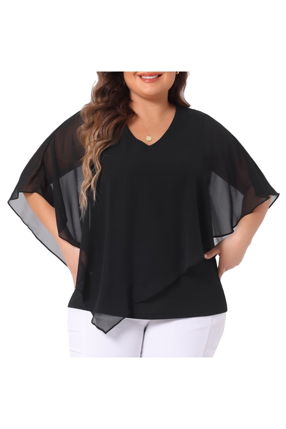 Women's Plus V Neck Flowy Double Layered Chiffon Blouse 2X Black