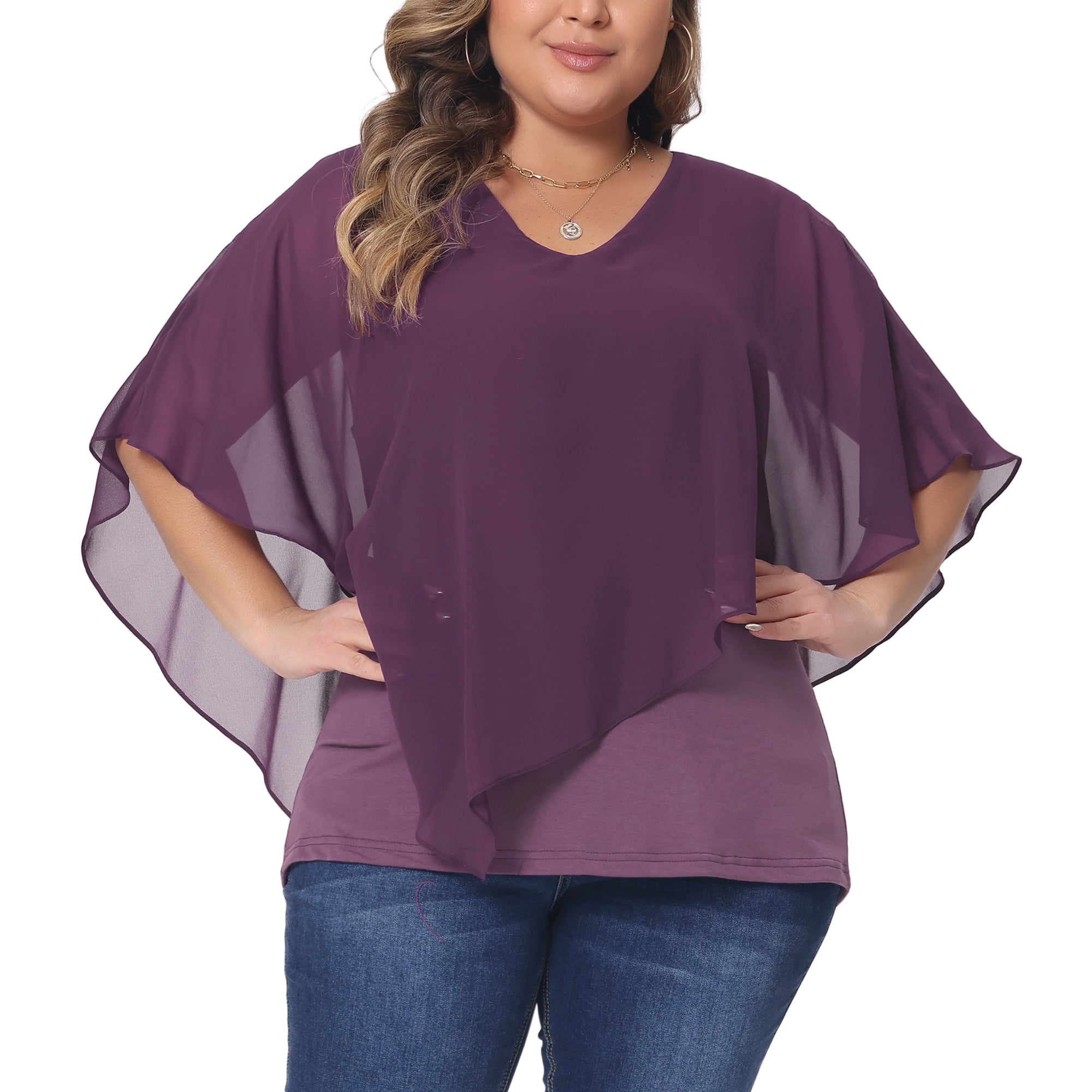 DARING DIVA Women's Plus V Neck Flowy Double Layered Chiffon Blouse 2X Purple