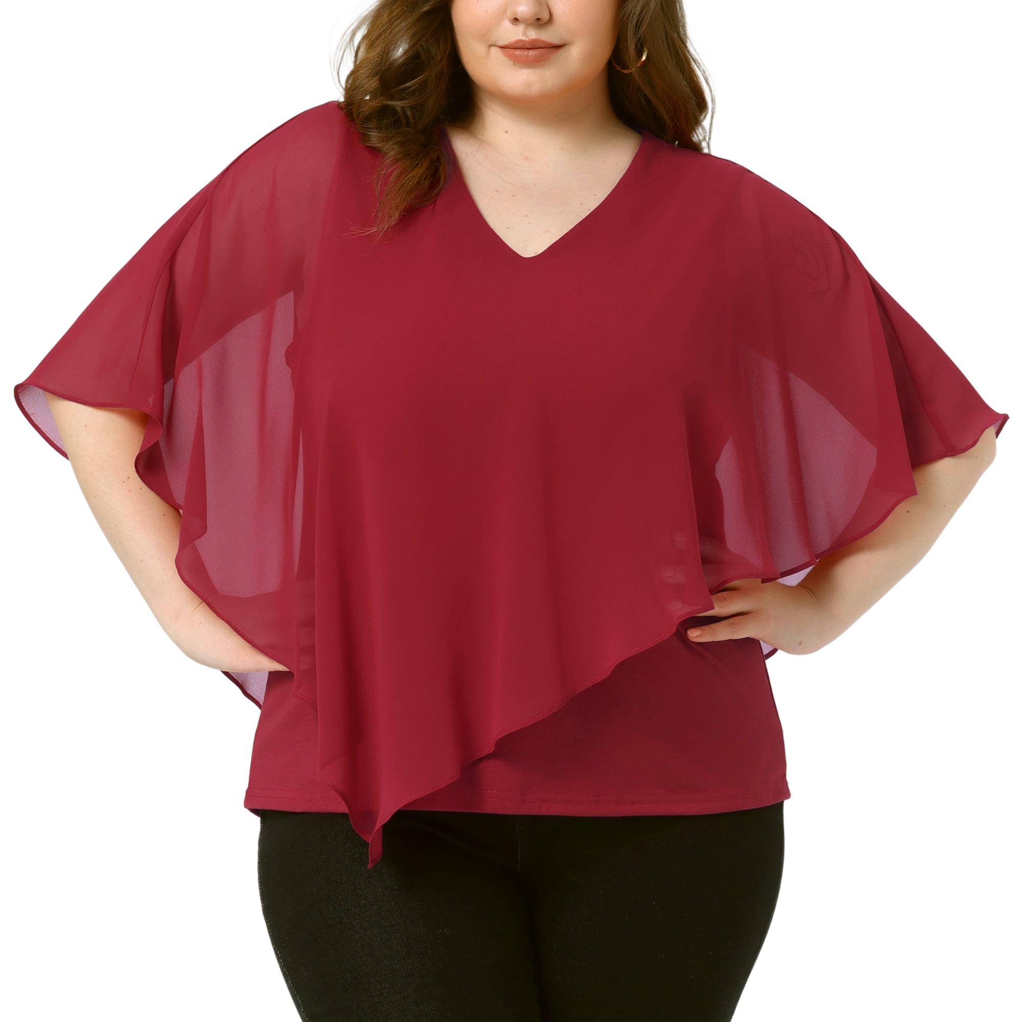 DARING DIVA Women's Plus V Neck Flowy Double Layered Chiffon Blouse 3X Wine Red