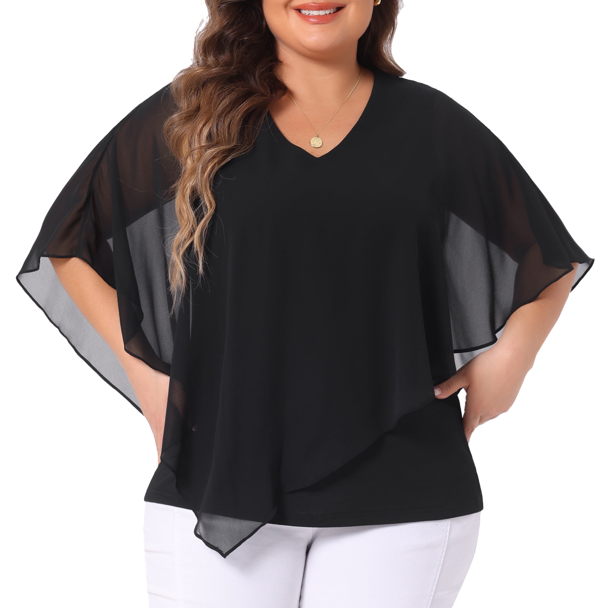 DARING DIVA Women's Plus V Neck Flowy Double Layered Chiffon Blouse 4X Black