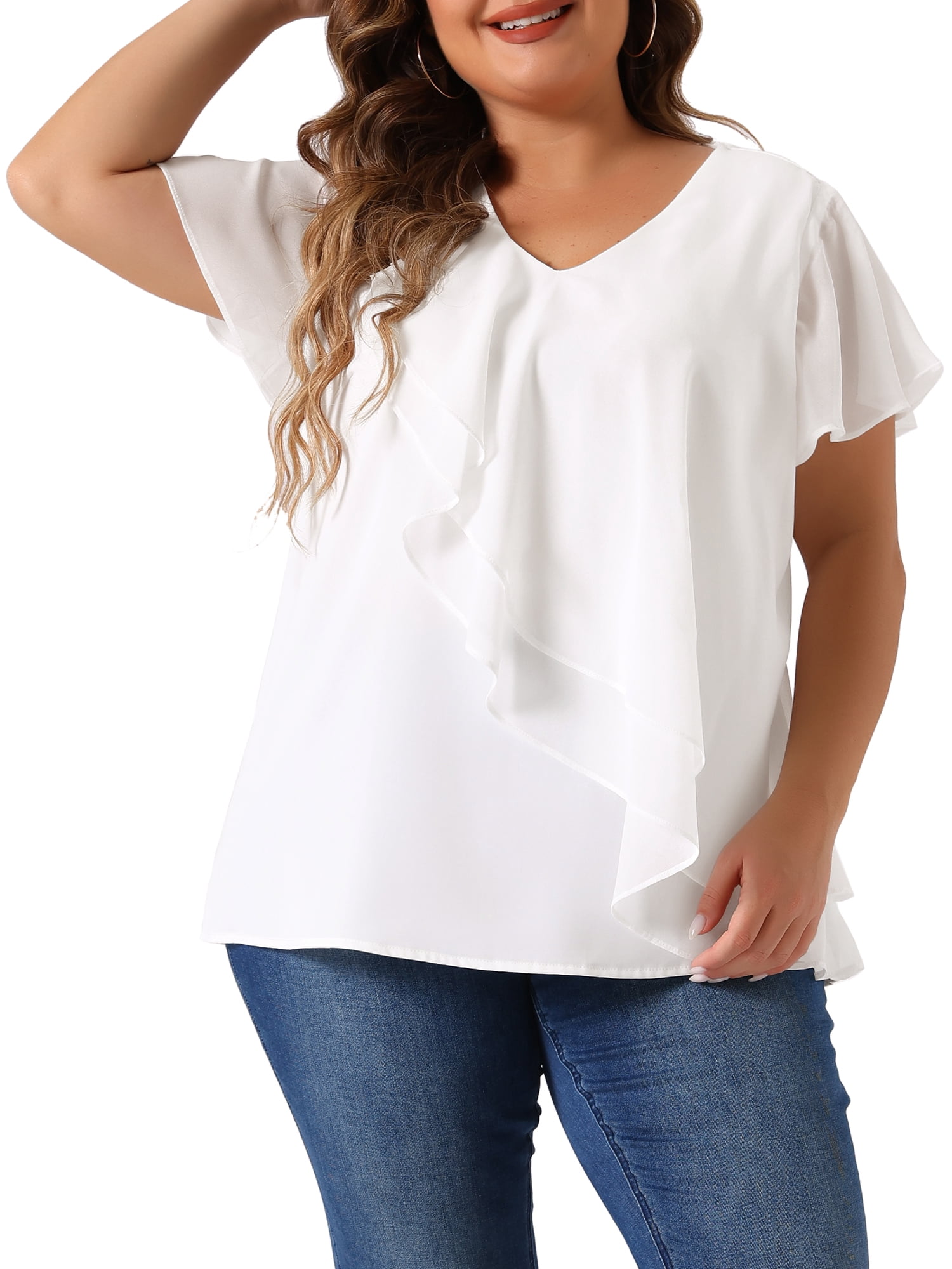 DARING DIVA Women's Plus V Neck Flutter Sleeve Layered Ruffle Top 1X White