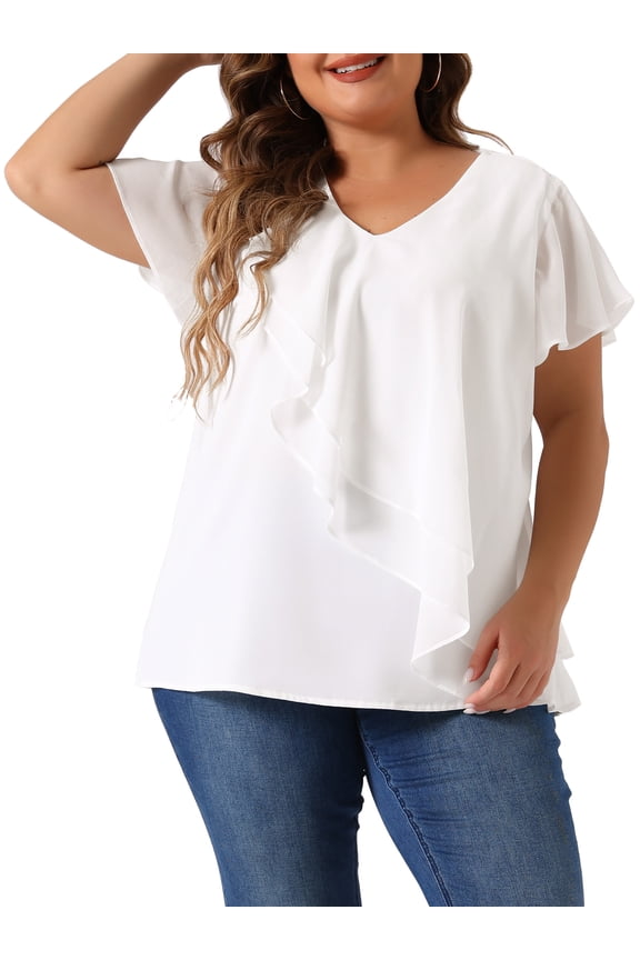 Women's Plus V Neck Flutter Sleeve Layered Ruffle Top 2X White