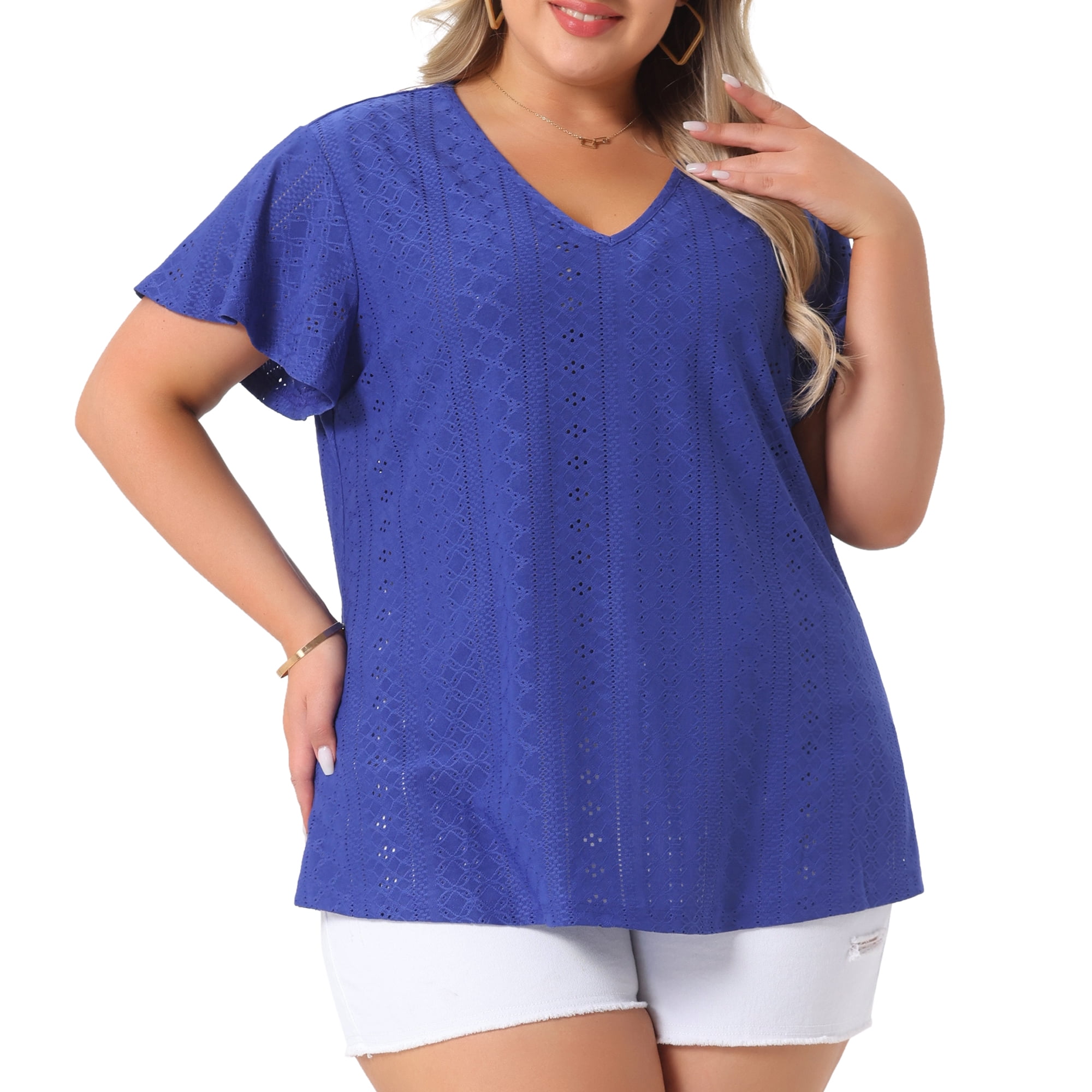 DARING DIVA Women's Plus V Neck Hollow Flare Short Sleeve Top 2X Royal Blue