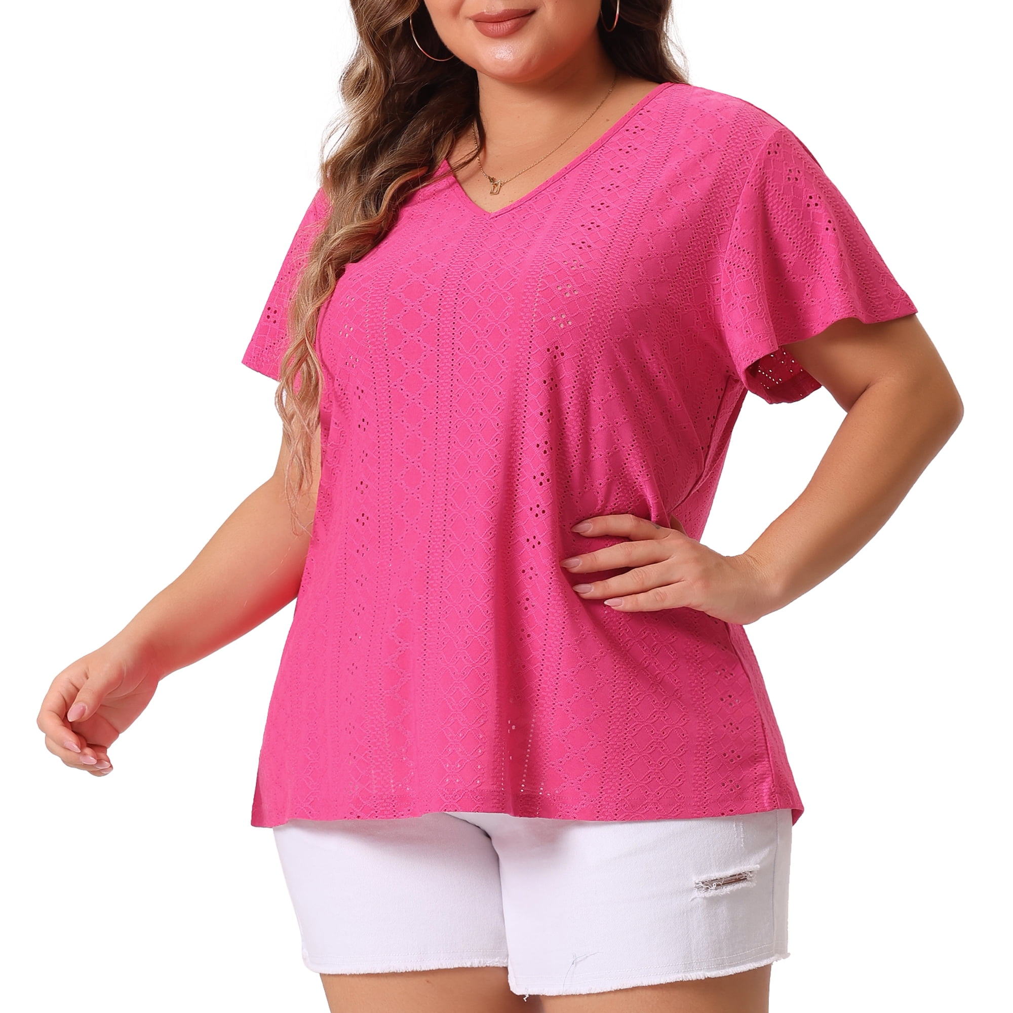 DARING DIVA Women's Plus V Neck Hollow Flare Short Sleeve Top 3X Hot Pink