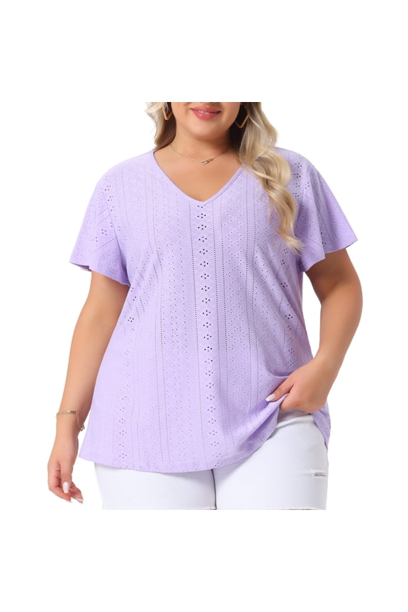 DARING DIVA Women's Plus V Neck Hollow Flare Short Sleeve Top 3X Light Purple