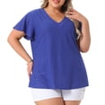 thumbnail image 1 of DARING DIVA Women's Plus V Neck Hollow Flare Short Sleeve Top 3X Royal Blue, 1 of 3