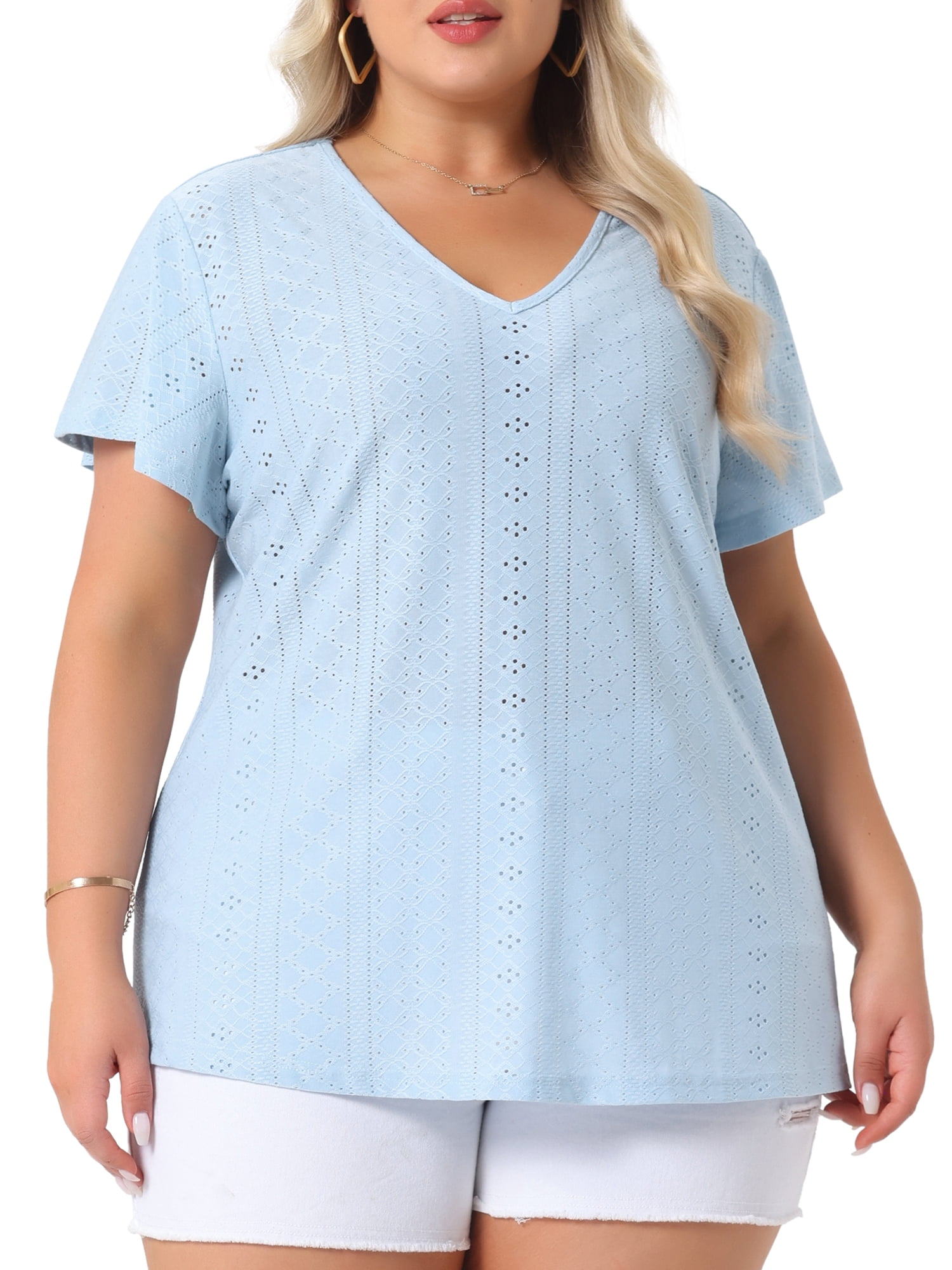 DARING DIVA Women's Plus V Neck Hollow Flare Short Sleeve Top 4X Light Blue