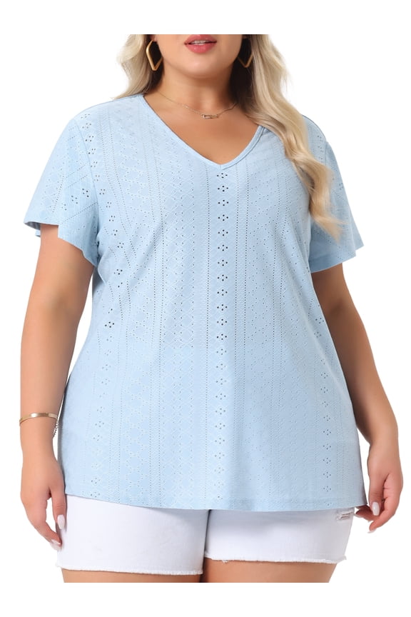 Women's Plus V Neck Hollow Flare Short Sleeve Top 4X Light Blue