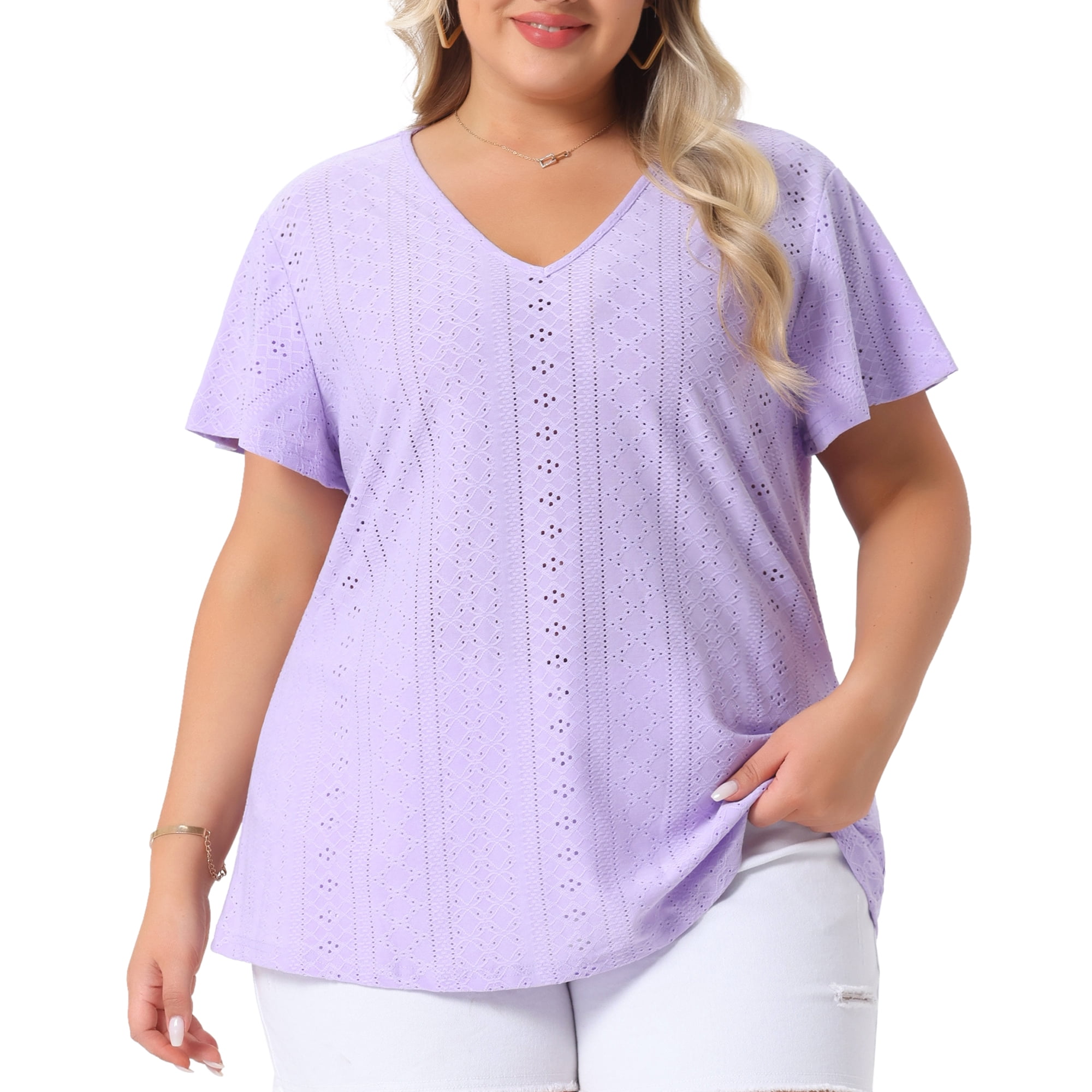 DARING DIVA Women's Plus V Neck Hollow Flare Short Sleeve Top 4X Light Purple