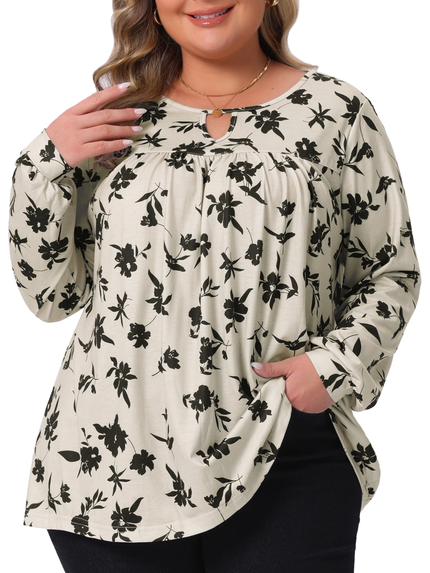 DARING DIVA Women's Plus V Neck Keyhole Pleated Floral Blouse 1X Beige