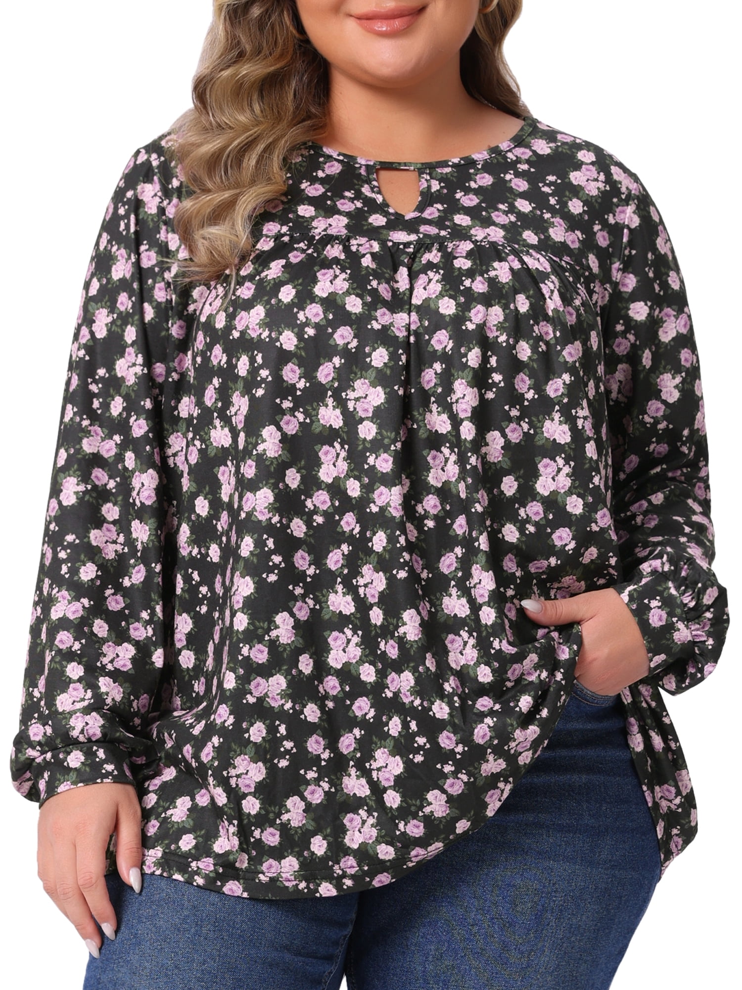 DARING DIVA Women's Plus V Neck Keyhole Pleated Floral Blouse 2X Black