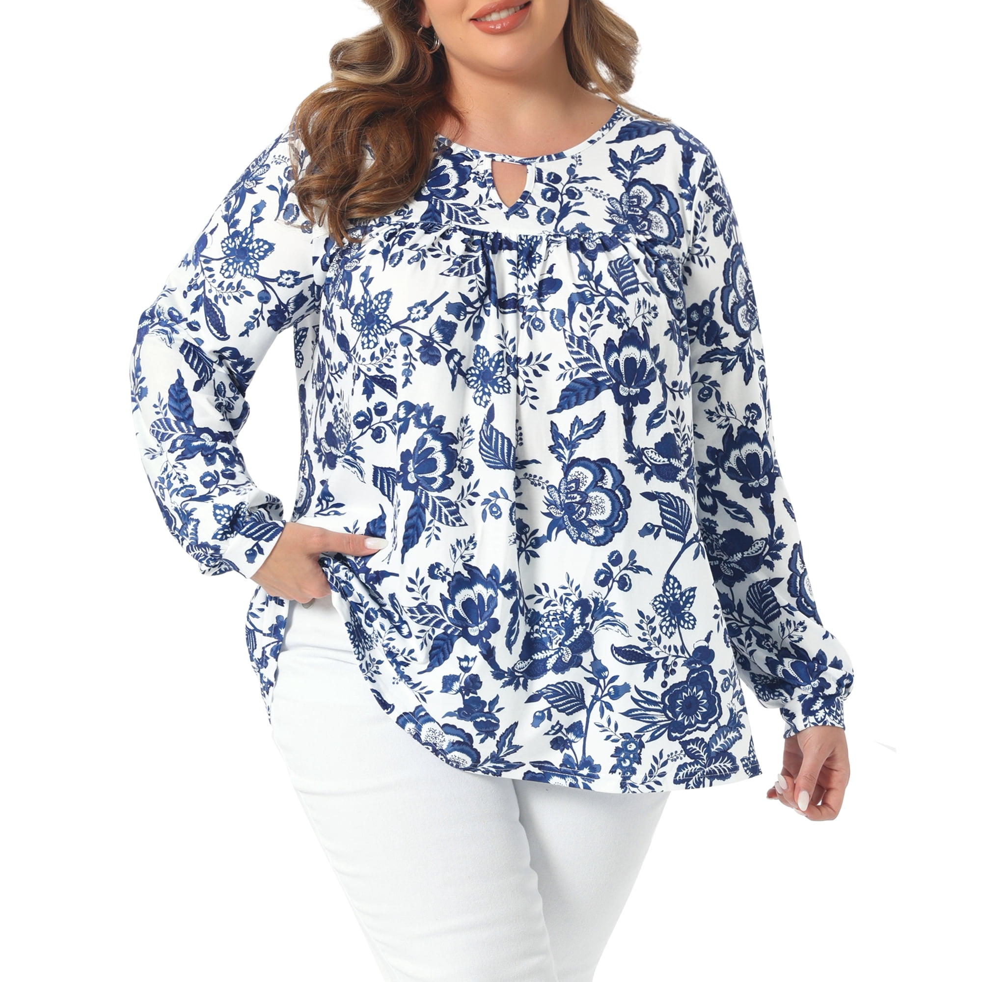 DARING DIVA Women's Plus V Neck Keyhole Pleated Floral Blouse 2X Blue
