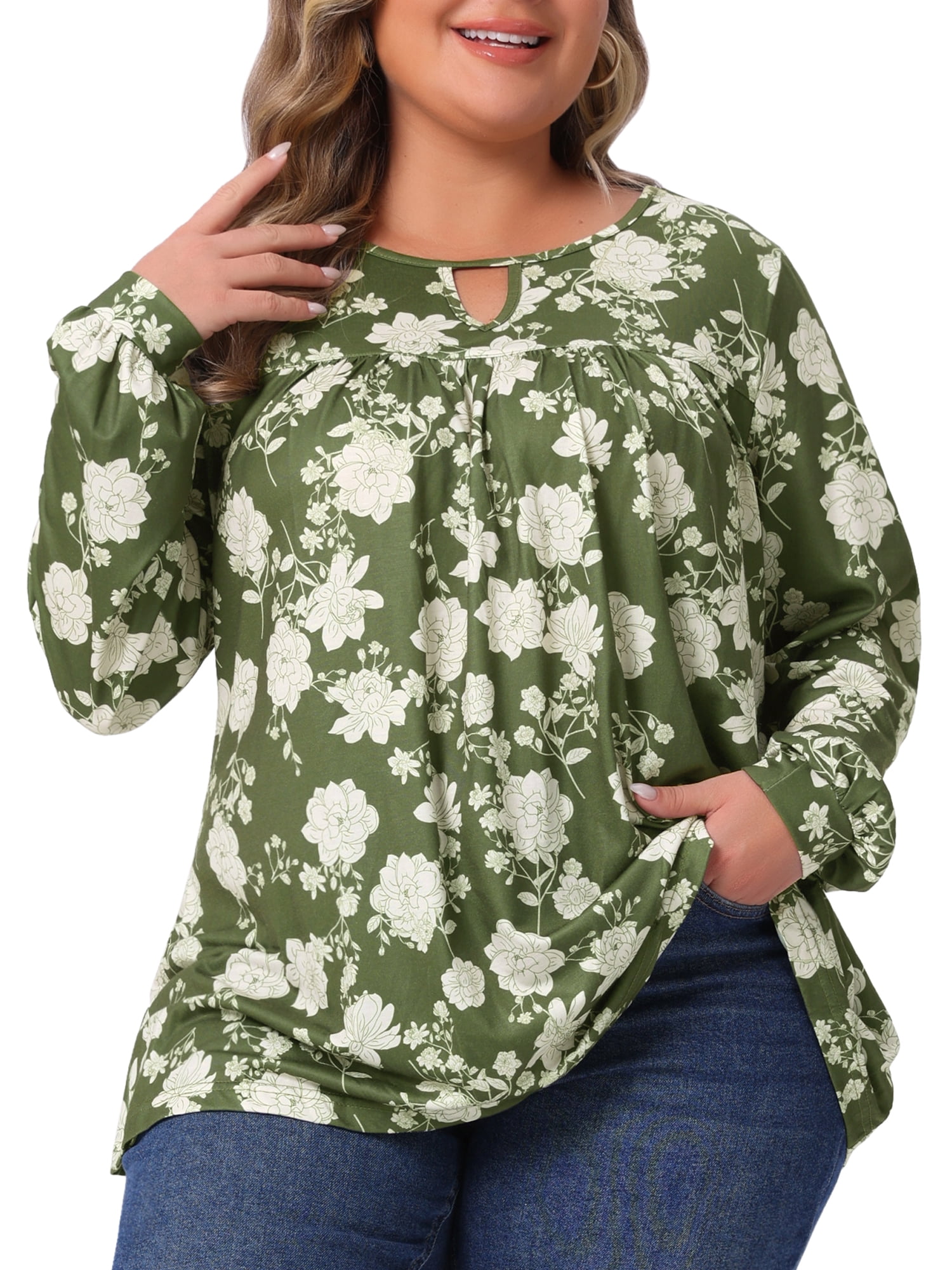 DARING DIVA Women's Plus V Neck Keyhole Pleated Floral Blouse 4X Army Green