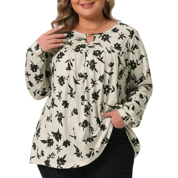 DARING DIVA Women's Plus V Neck Keyhole Pleated Floral Blouse 4X Beige