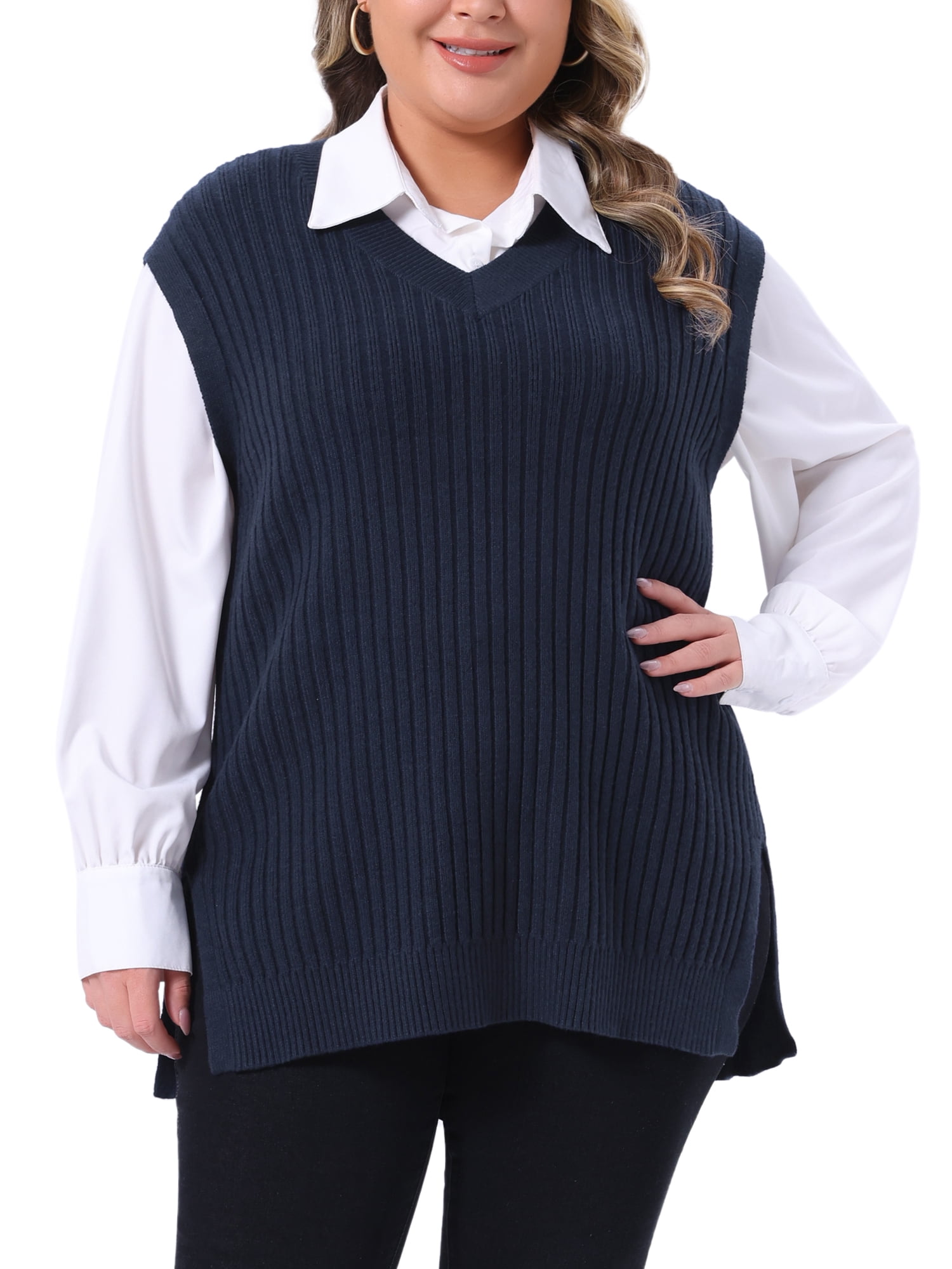 DARING DIVA Women's Plus V Neck Knit Split Hem Sweater Vest 2X Dark Blue