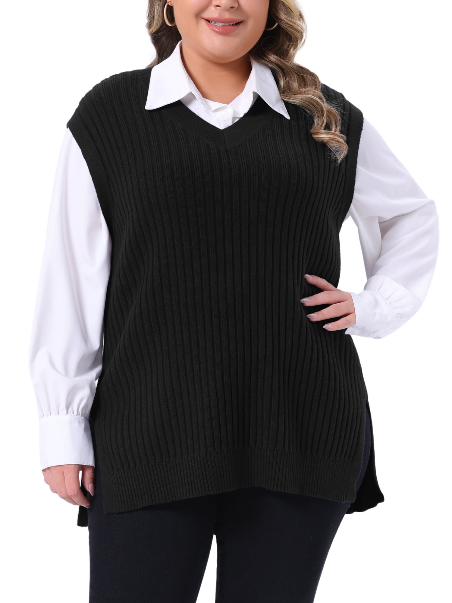 DARING DIVA Women's Plus V Neck Knit Split Hem Sweater Vest 3X Black