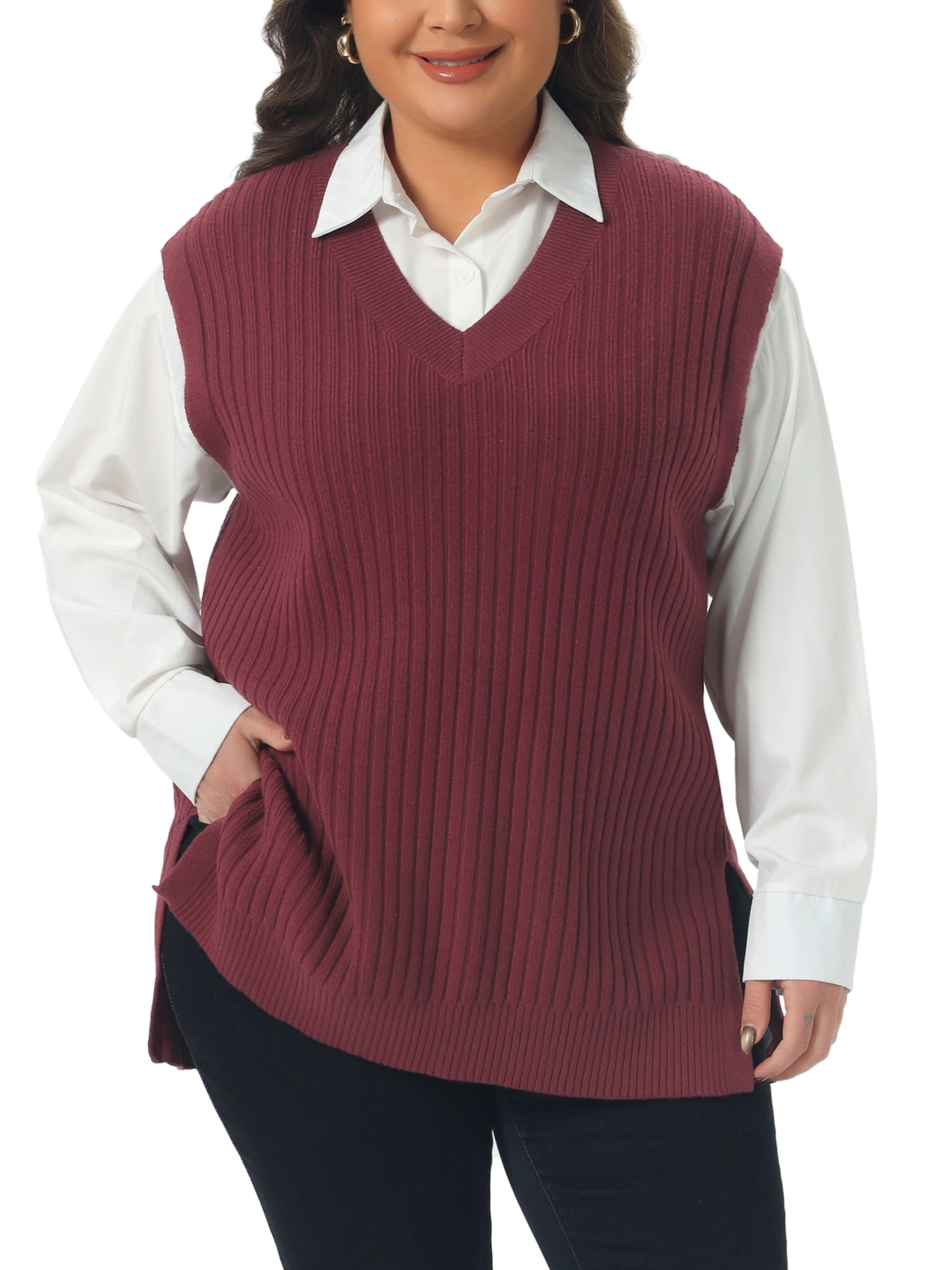 DARING DIVA Women's Plus V Neck Knit Split Hem Sweater Vest 4X Burgundy
