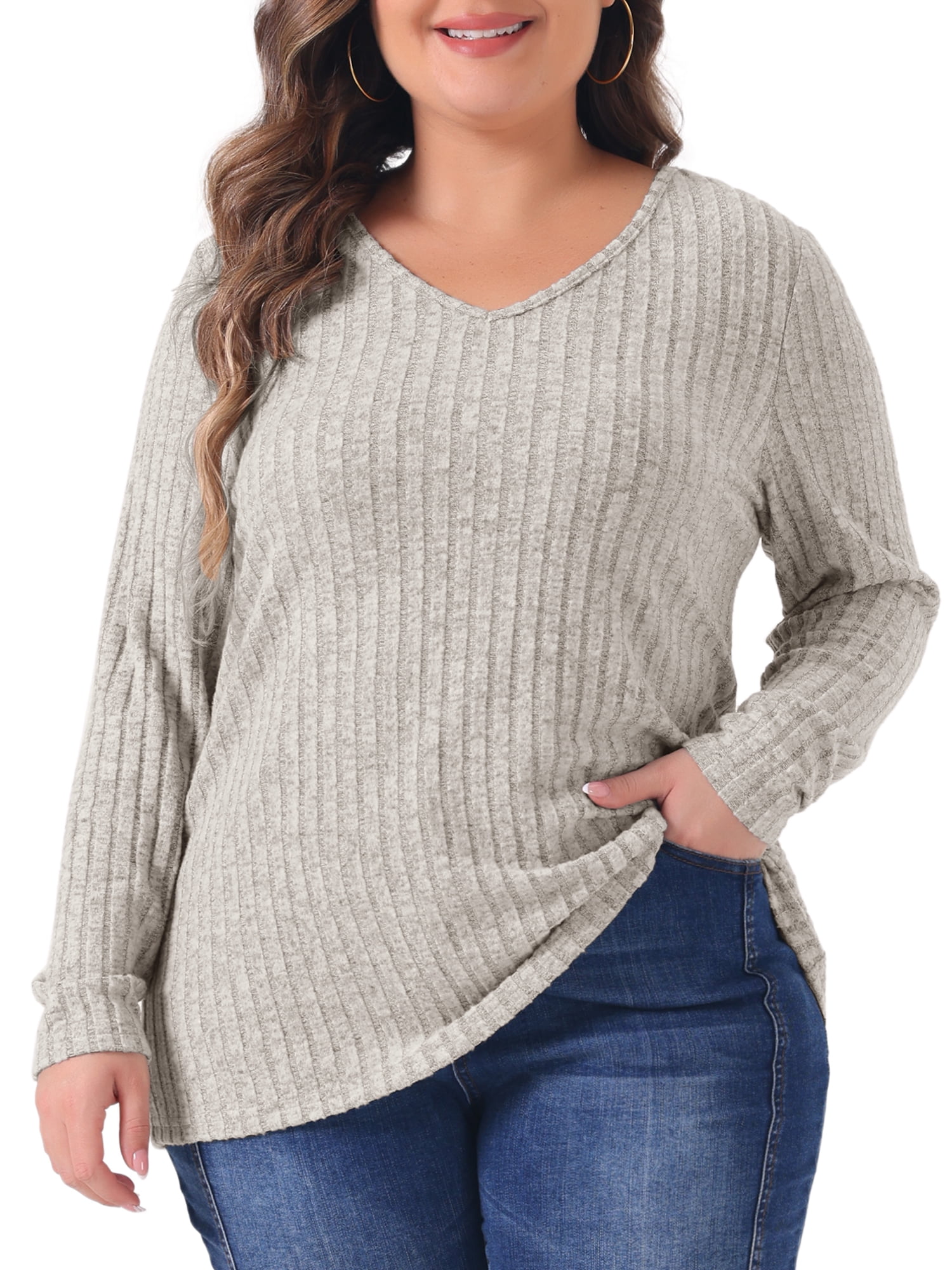 DARING DIVA Women's Plus V Neck Long Sleeve Basic Ribbed Blouse 1X Beige Brown