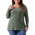 thumbnail image 1 of DARING DIVA Women's Plus V Neck Long Sleeve Basic Ribbed Blouse 1X Green, 1 of 6