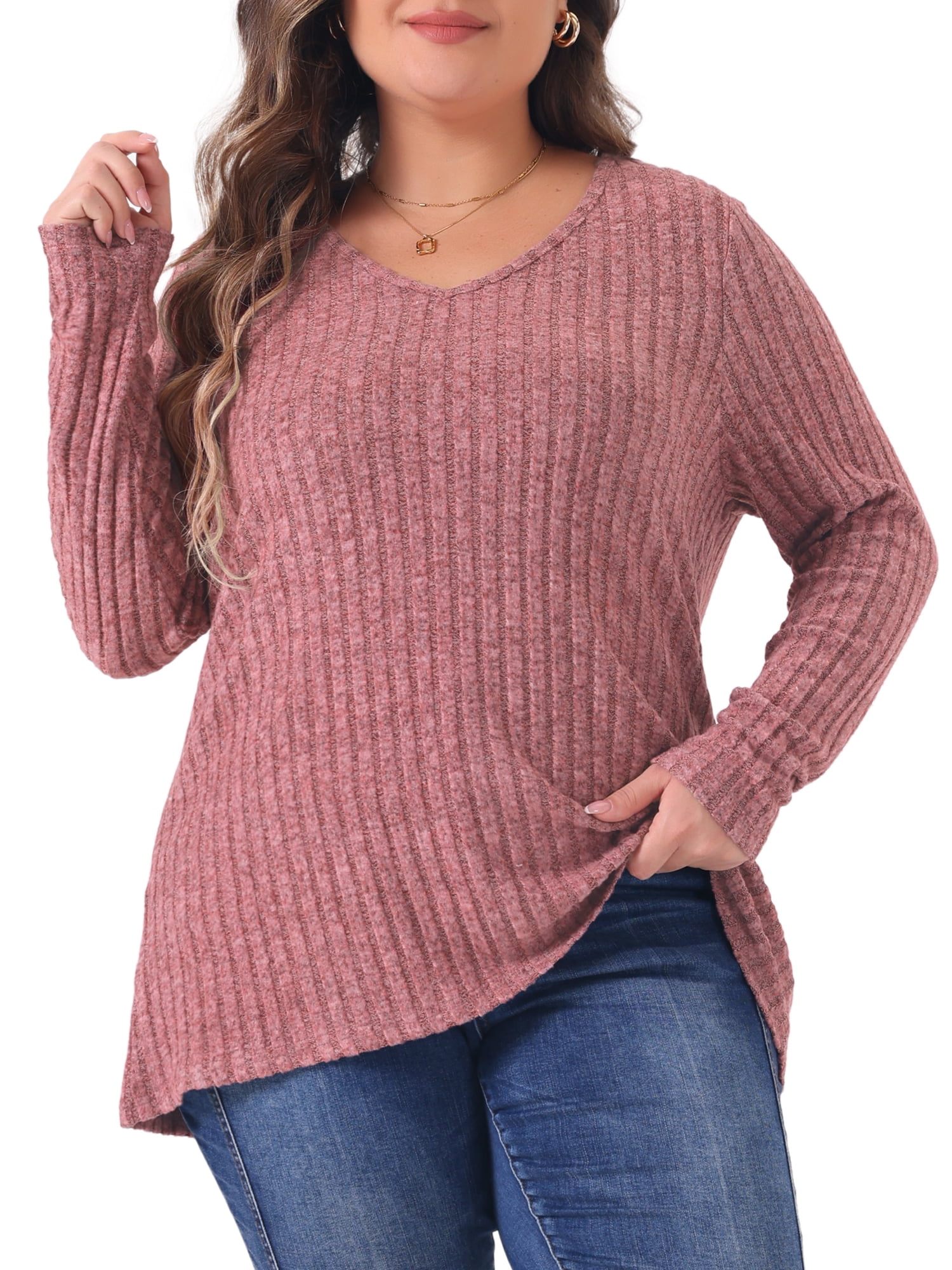 DARING DIVA Women's Plus V Neck Long Sleeve Basic Ribbed Blouse 3X Pink