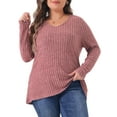 thumbnail image 1 of DARING DIVA Women's Plus V Neck Long Sleeve Basic Ribbed Blouse 3X Pink, 1 of 6