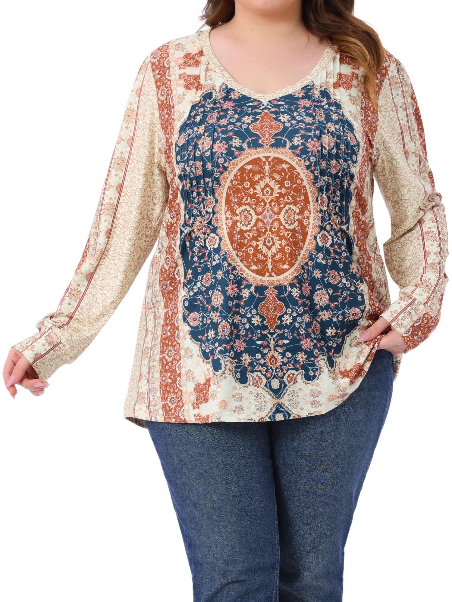 DARING DIVA Women's Plus V Neck Long Sleeve Boho Paisley Blouse Tunic 4X Apricot