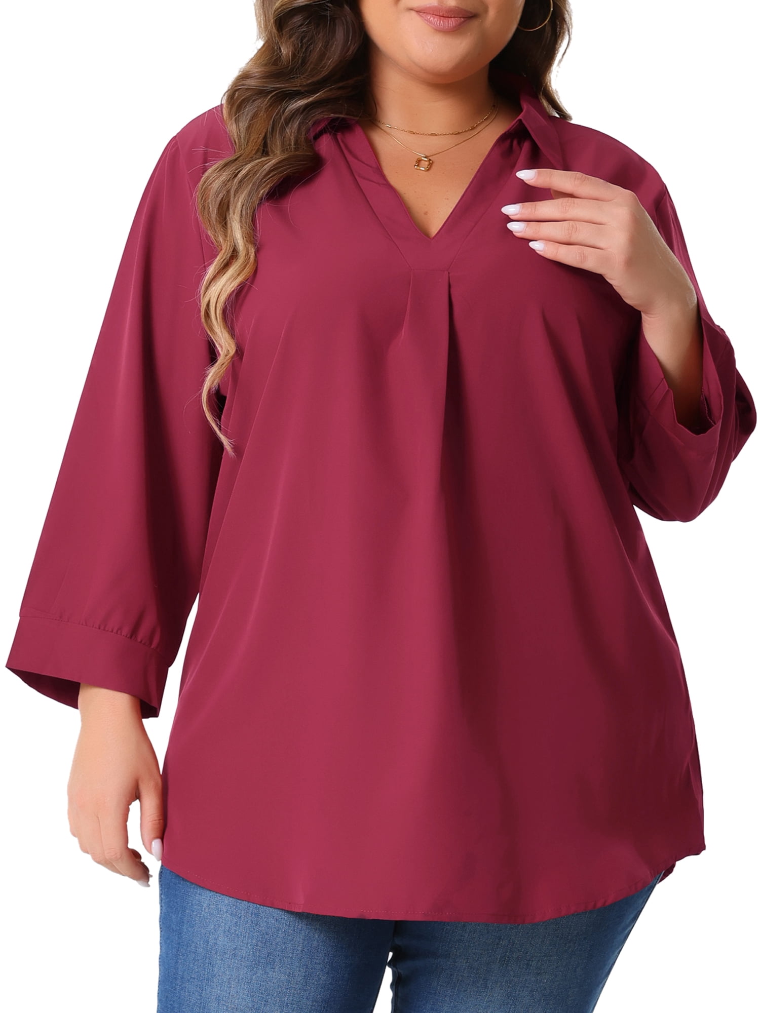 DARING DIVA Women's Plus V Neck Long Sleeve Flowy Blouse 2X Burgundy