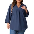 thumbnail image 1 of DARING DIVA Women's Plus V Neck Long Sleeve Flowy Blouse 2X Dark Blue, 1 of 6