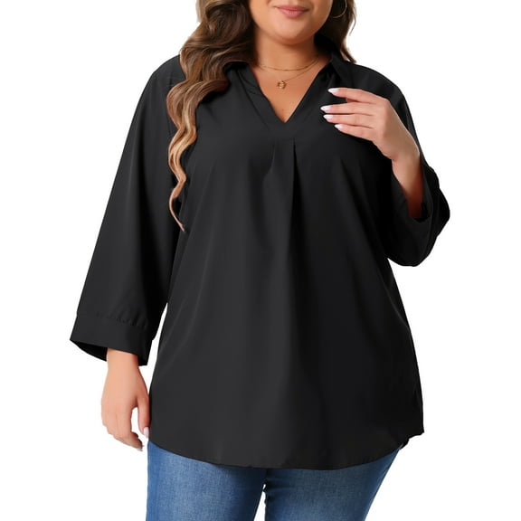 DARING DIVA Women's Plus V Neck Long Sleeve Flowy Blouse 3X Black