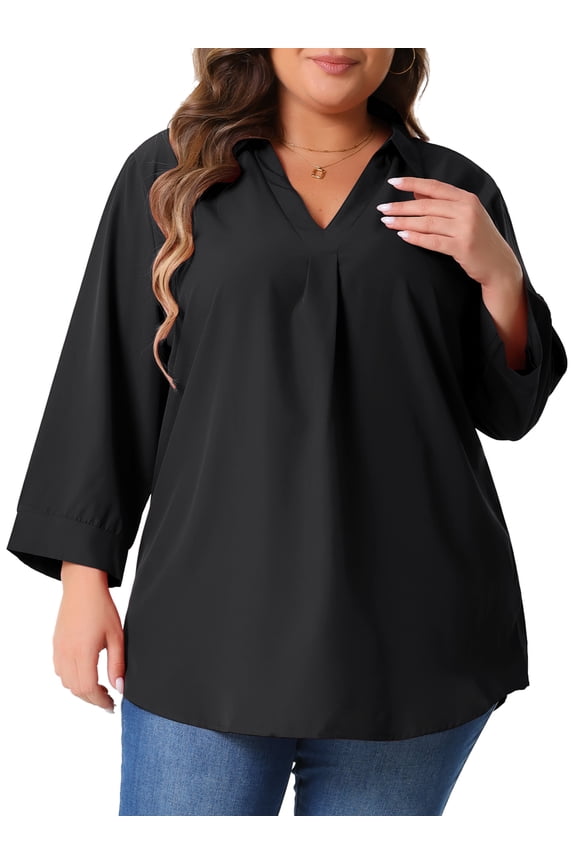 Women's Plus V Neck Long Sleeve Flowy Blouse 3X Black