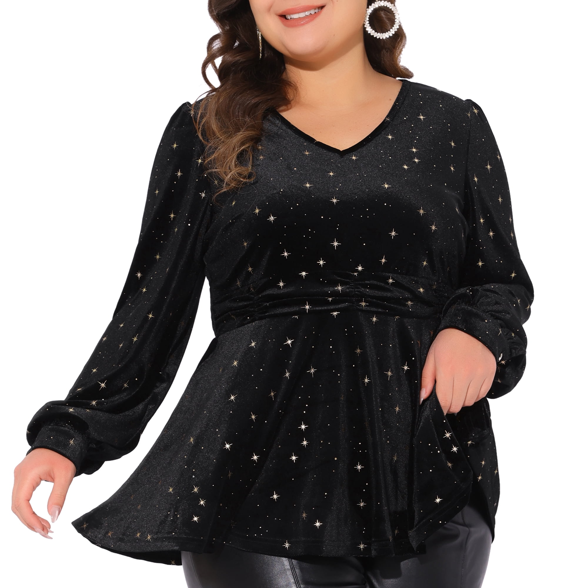 DARING DIVA Women's Plus V Neck Long Sleeve Gilding Metallic Stars Blouse 2X Black