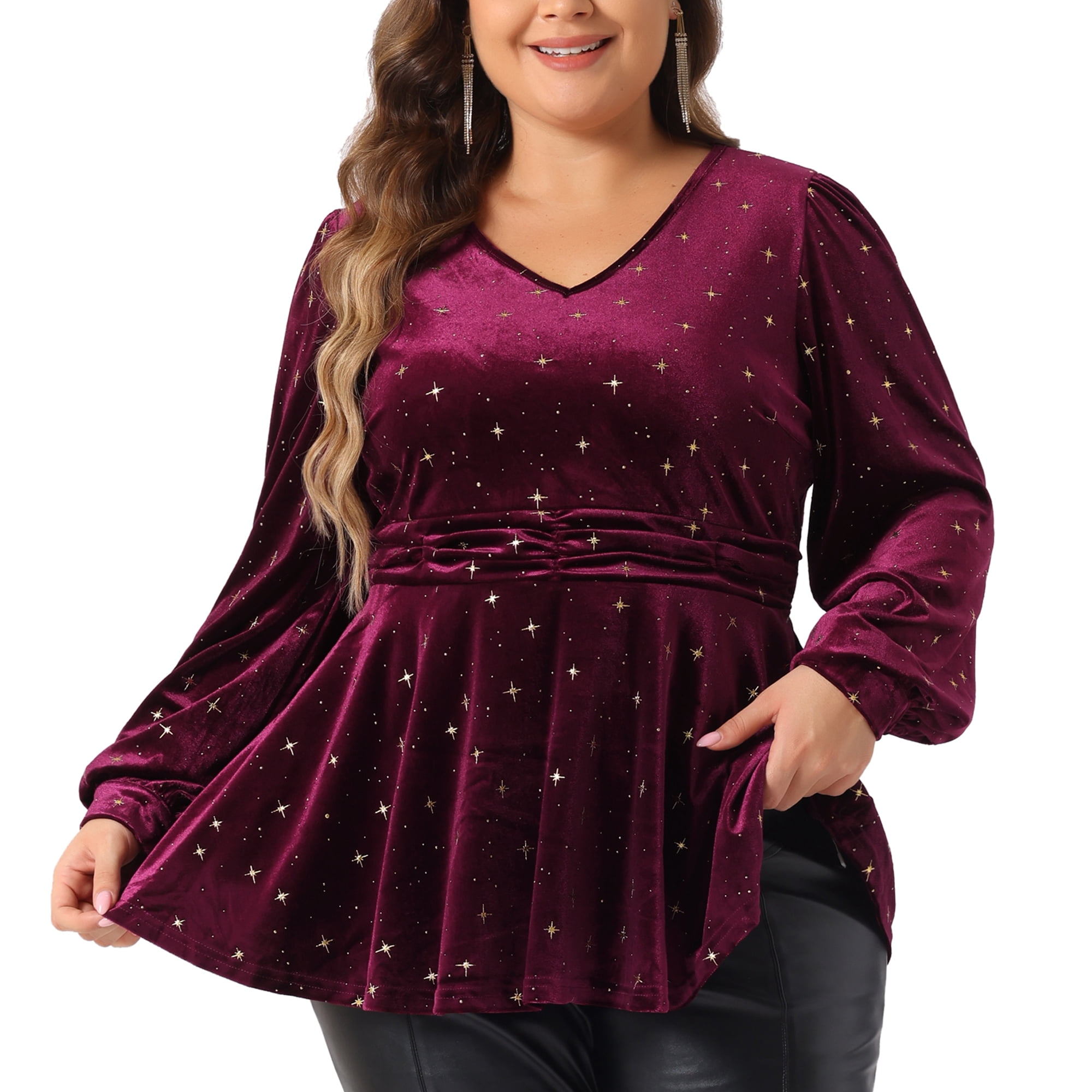 DARING DIVA Women's Plus V Neck Long Sleeve Gilding Metallic Stars Blouse 2X Burgundy