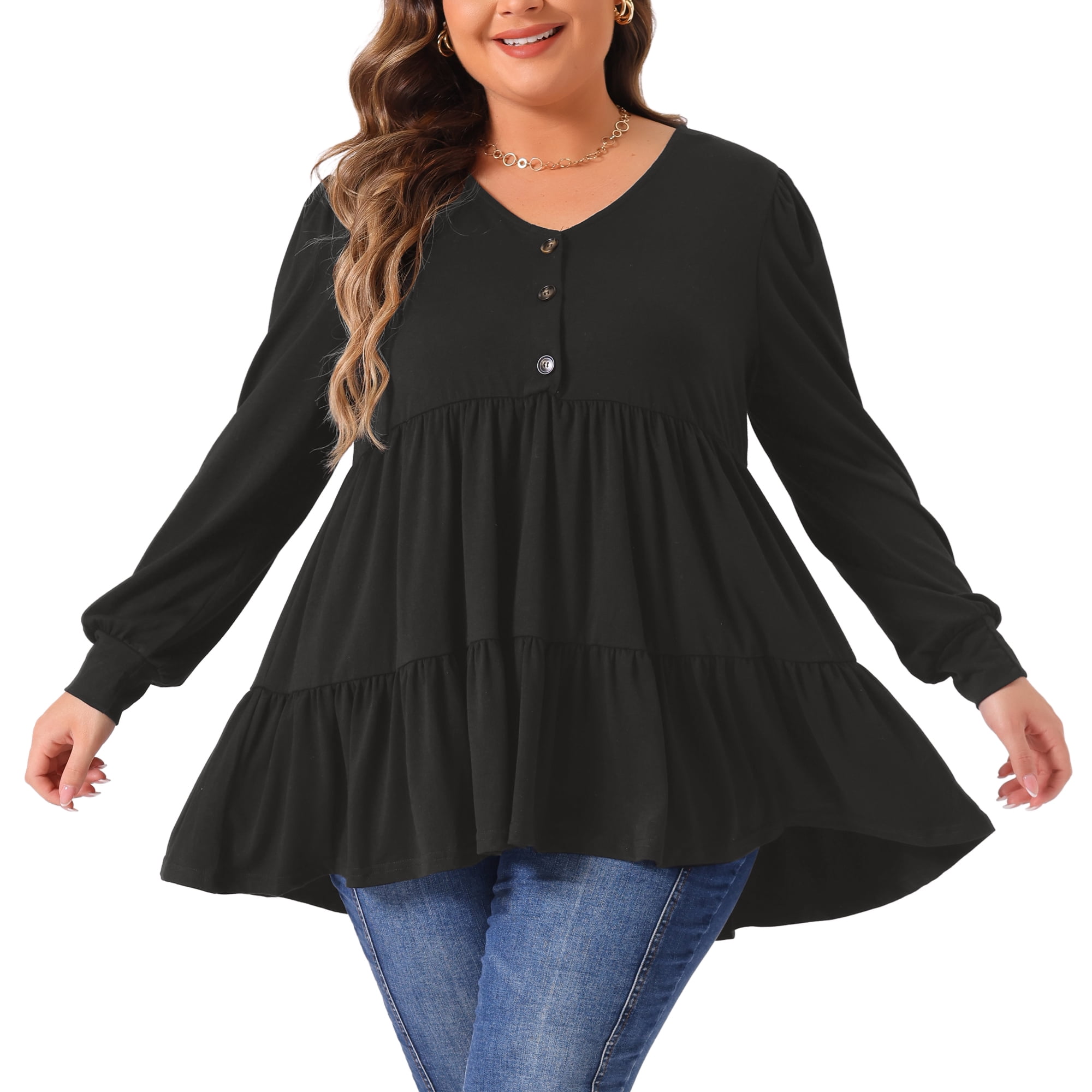 DARING DIVA Women's Plus V Neck Long Sleeve Peplum Babydoll Top 1X Black